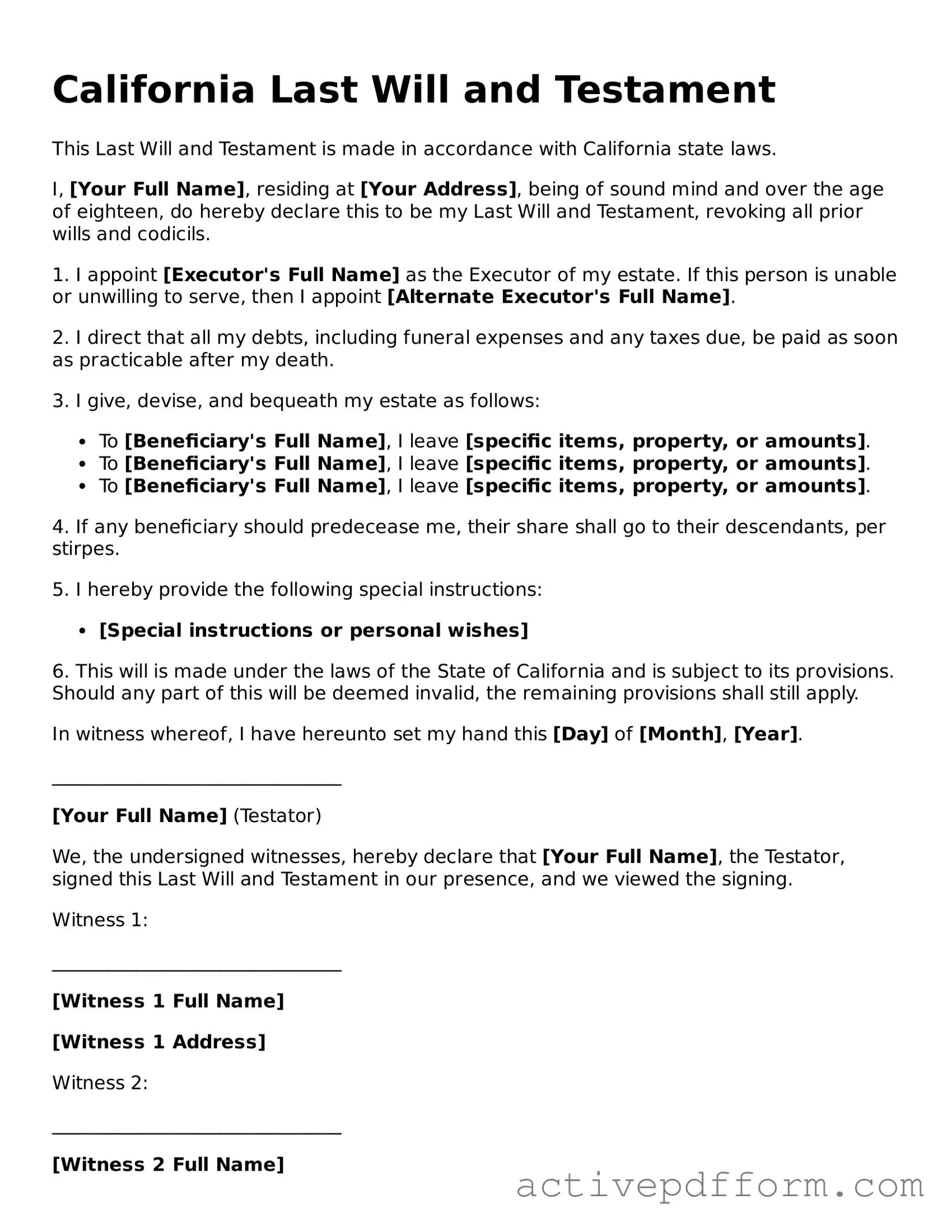 Blank California Last Will and Testament Document