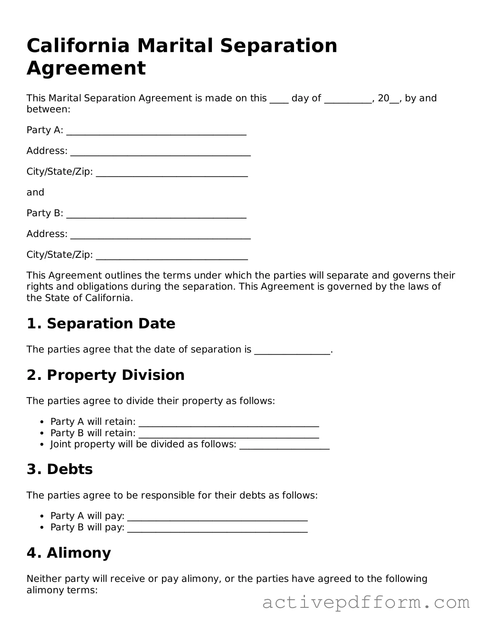Blank California Marital Separation Agreement Document