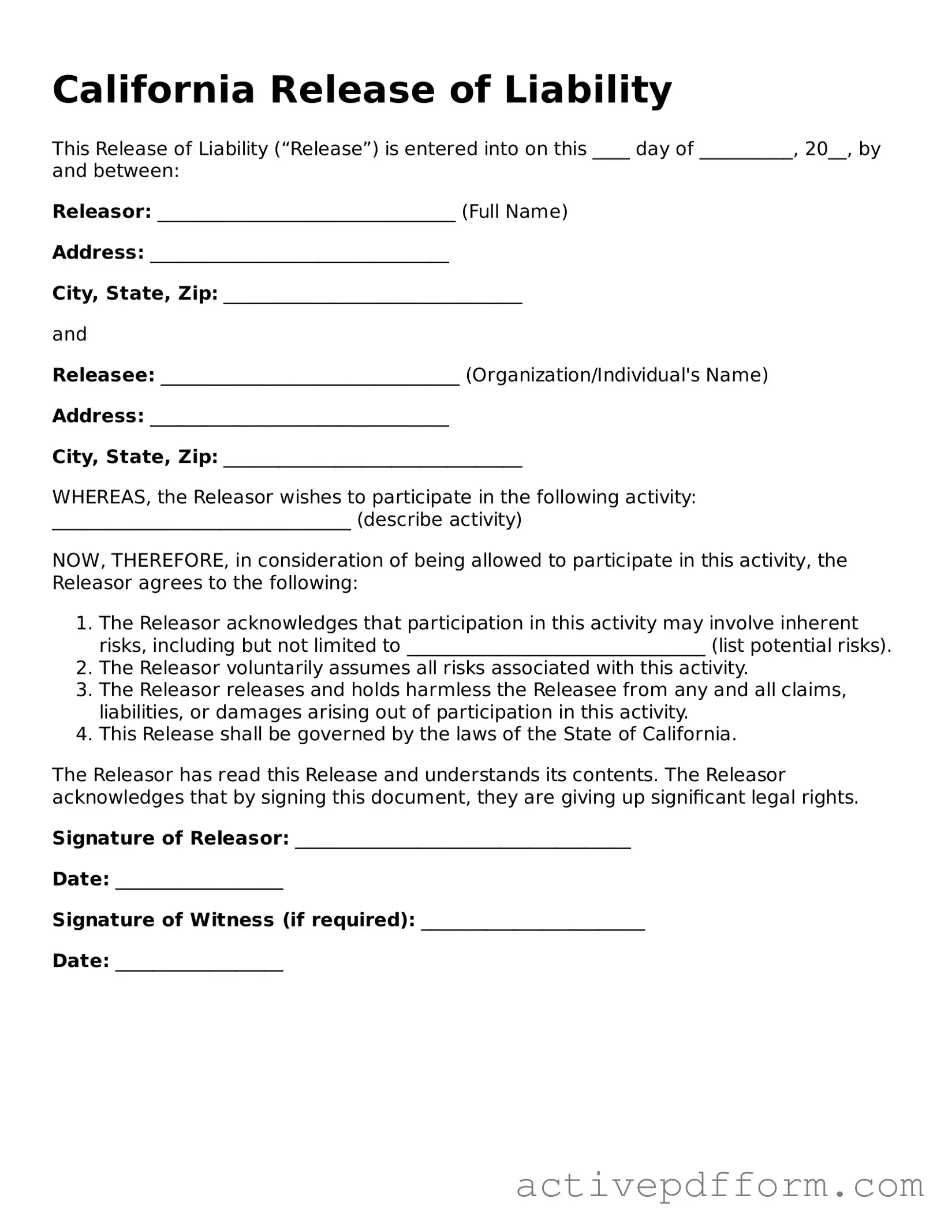 Blank California Release of Liability Document
