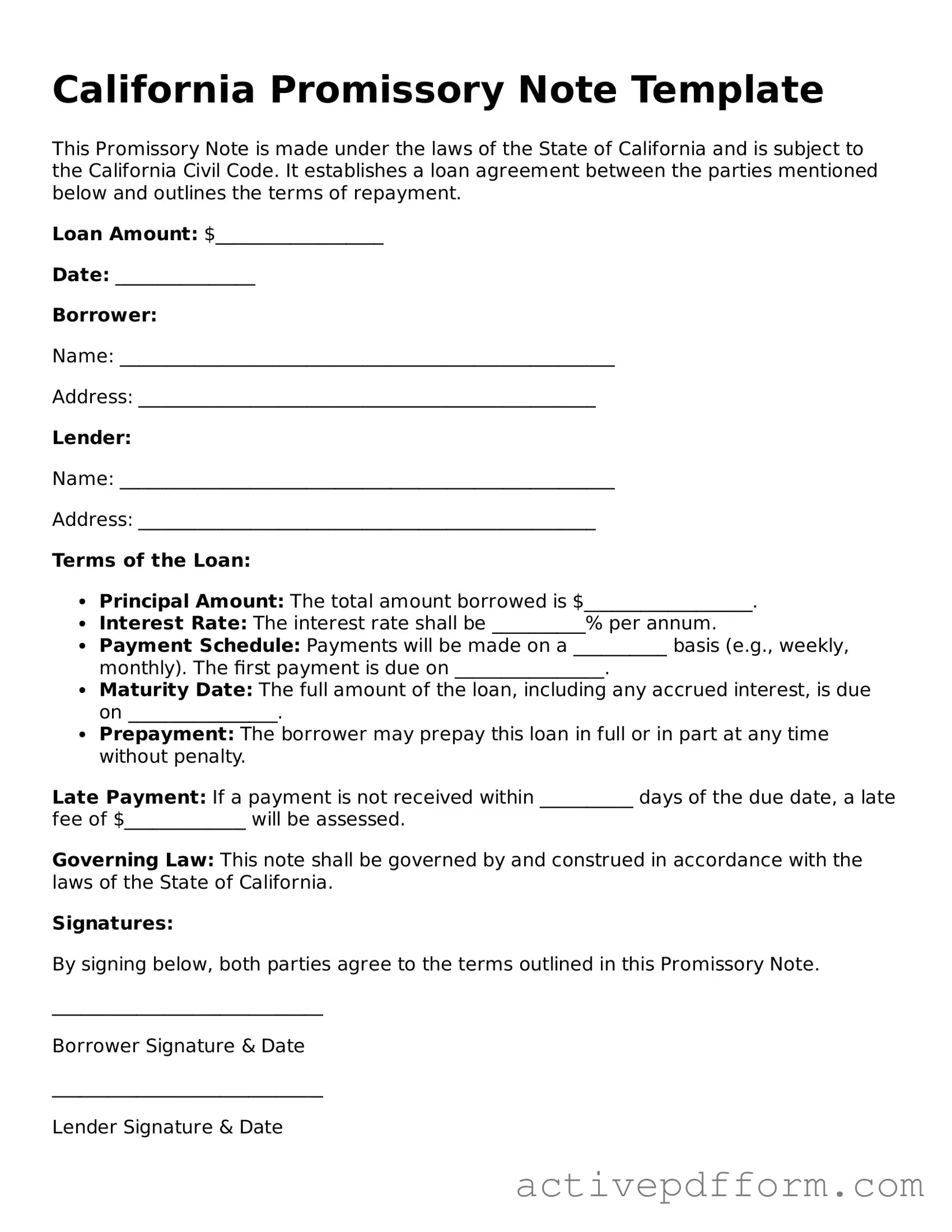 Blank California Promissory Note Document
