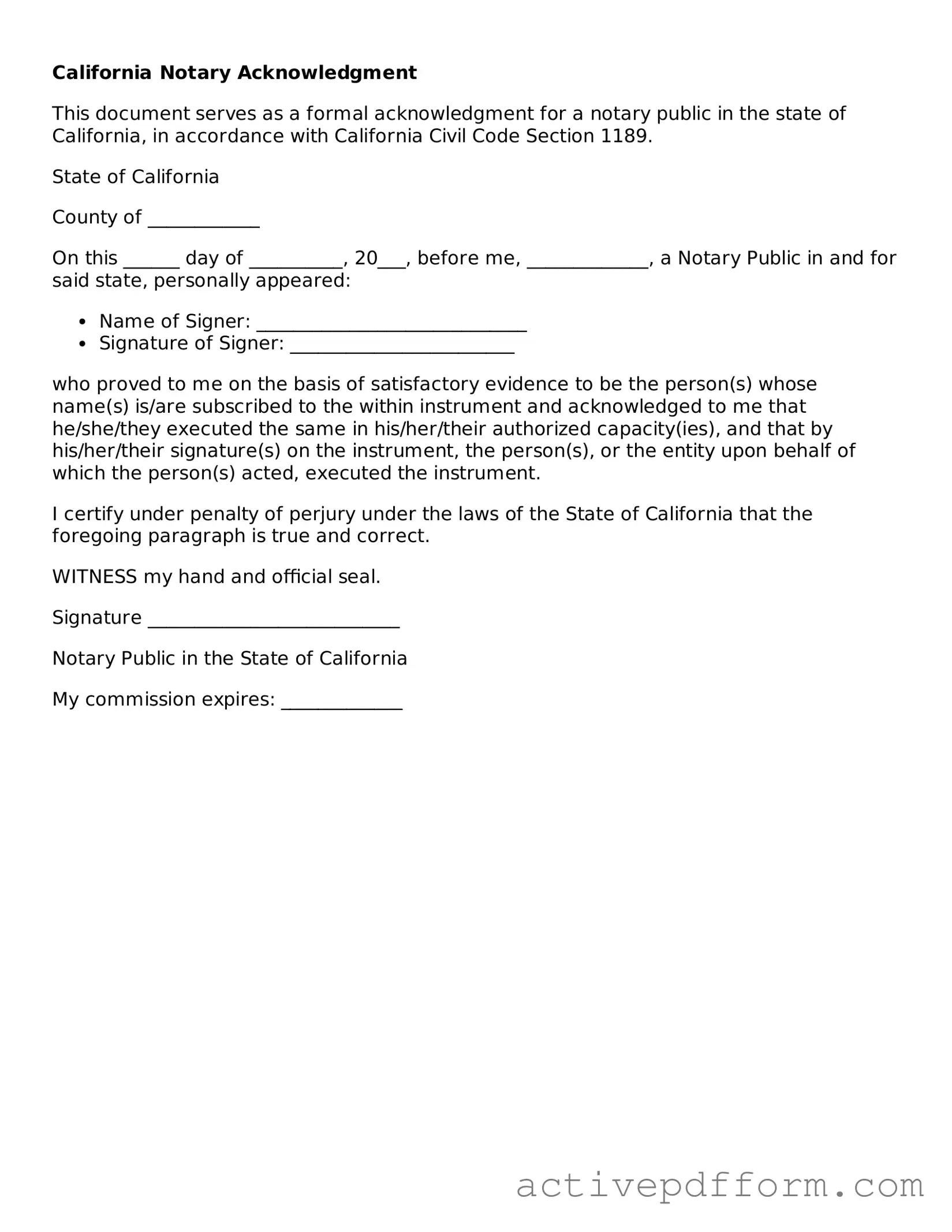 Blank California Notary Acknowledgement Document