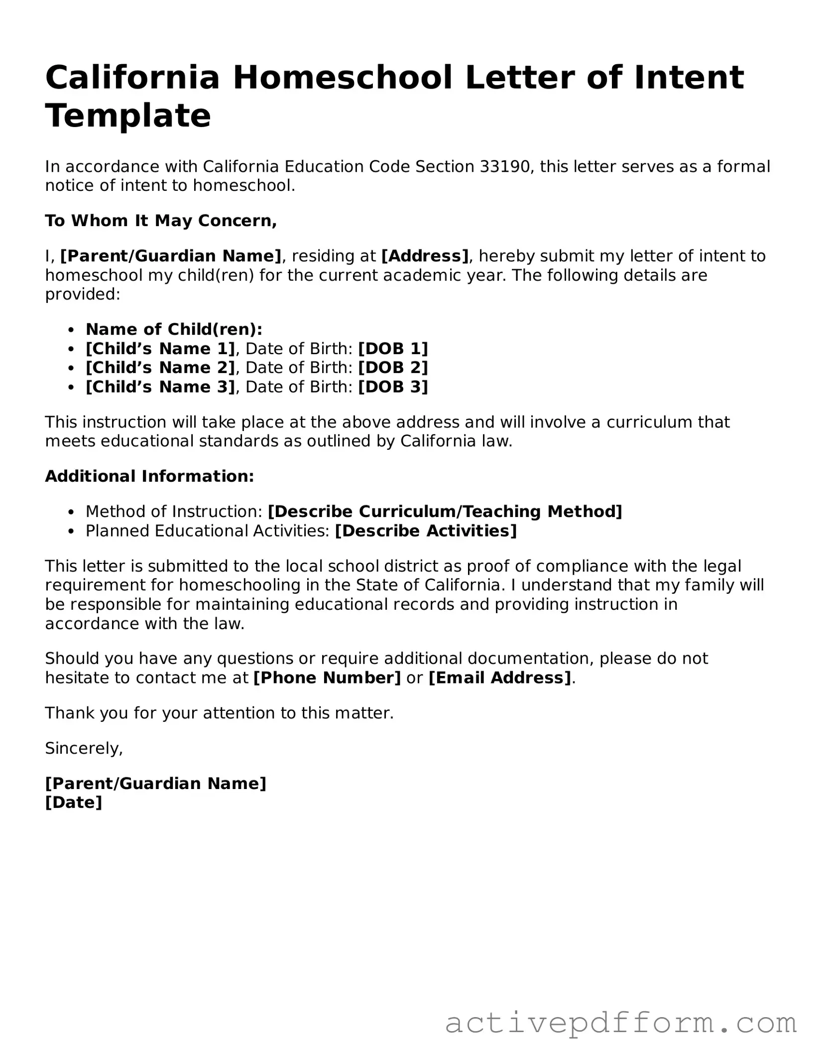 Blank California Homeschool Letter of Intent Document