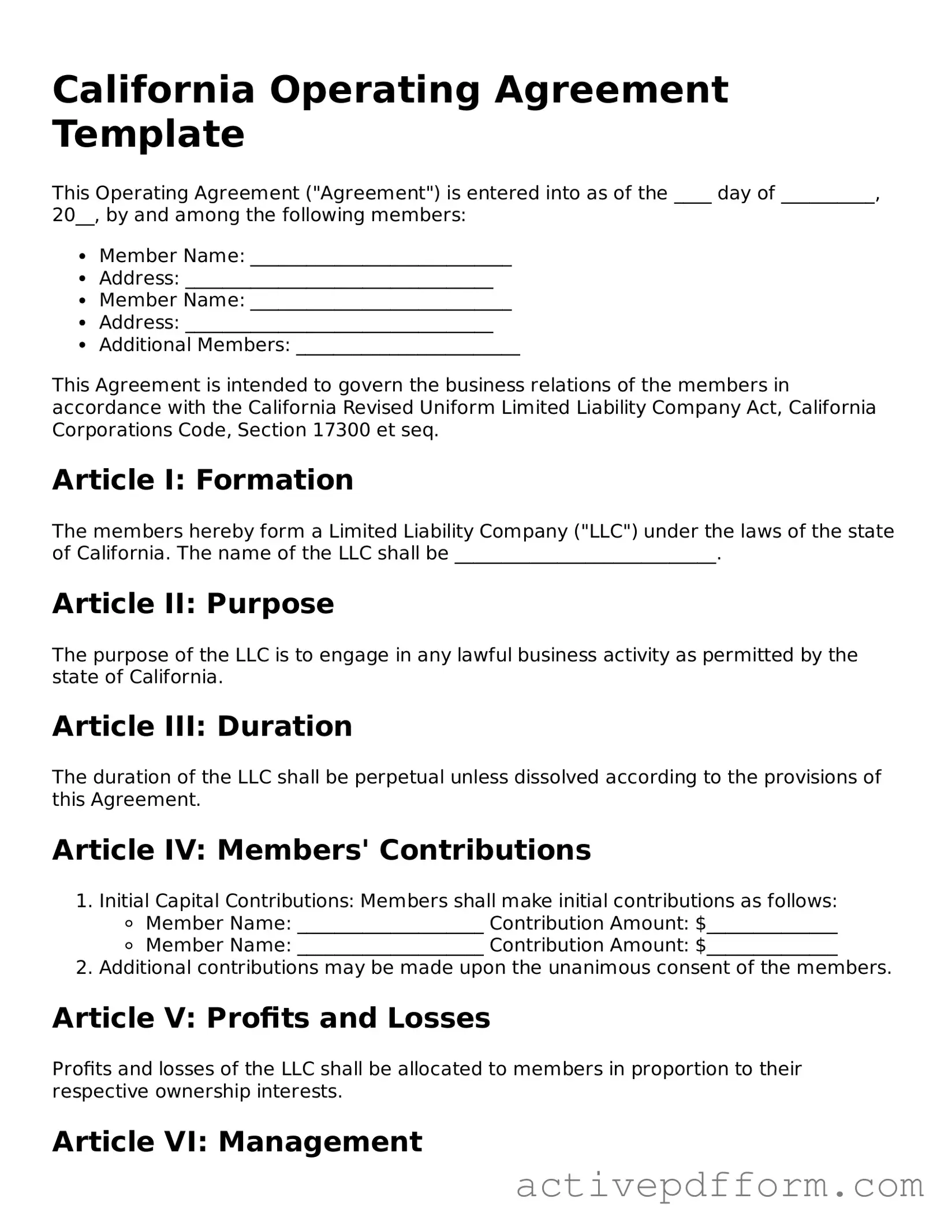 Blank California Operating Agreement Document