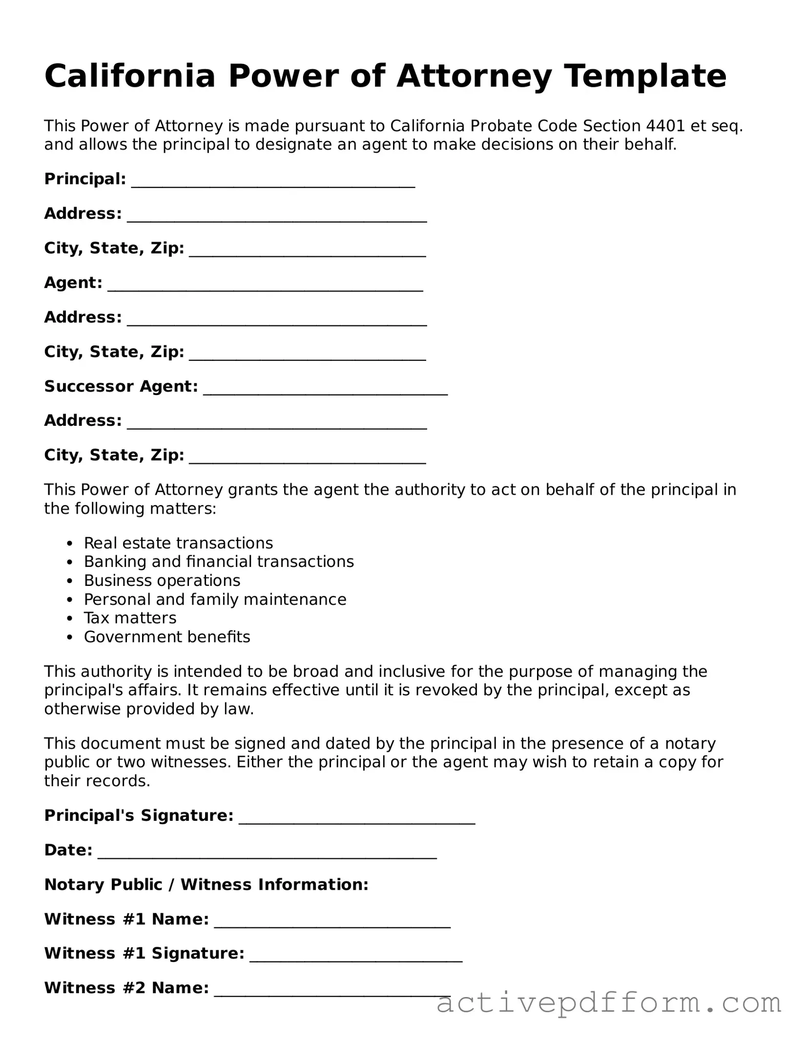Blank California Power of Attorney Document