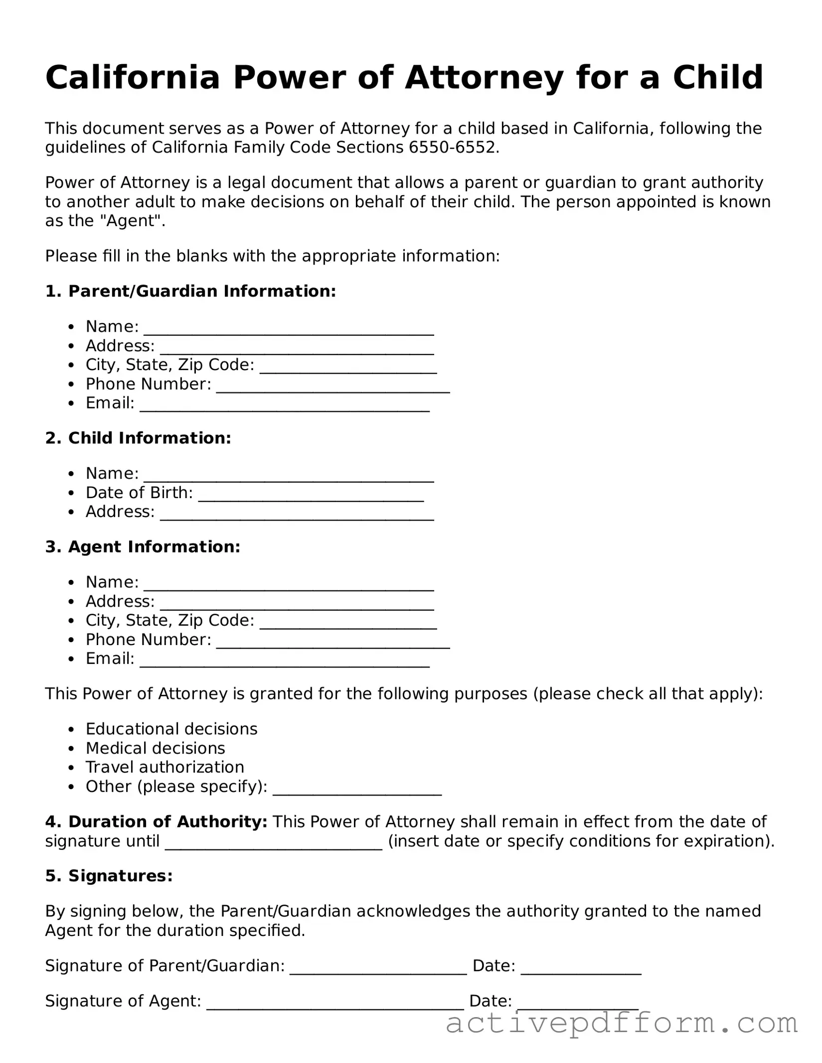 Blank California Power of Attorney for a Child Document