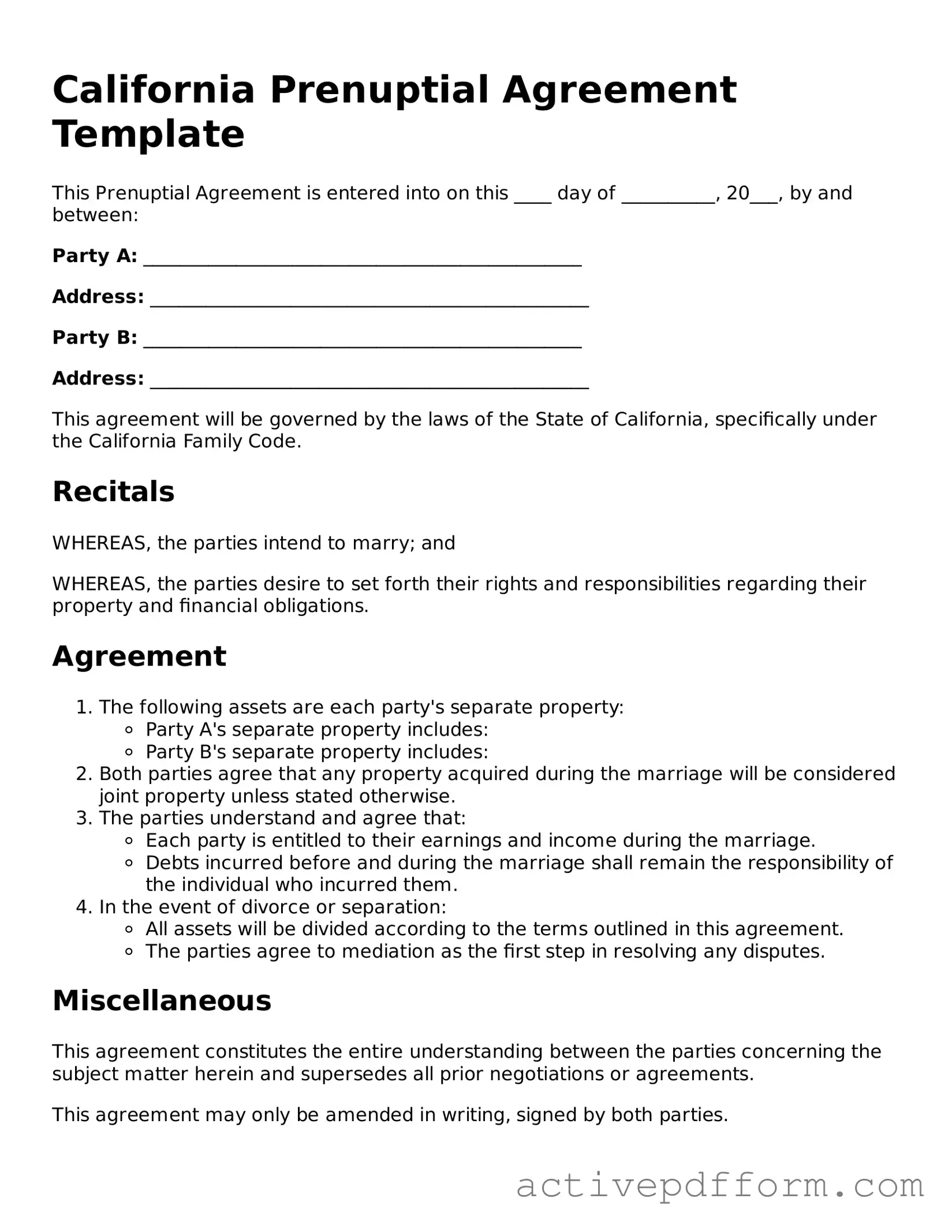 Blank California Prenuptial Agreement Document