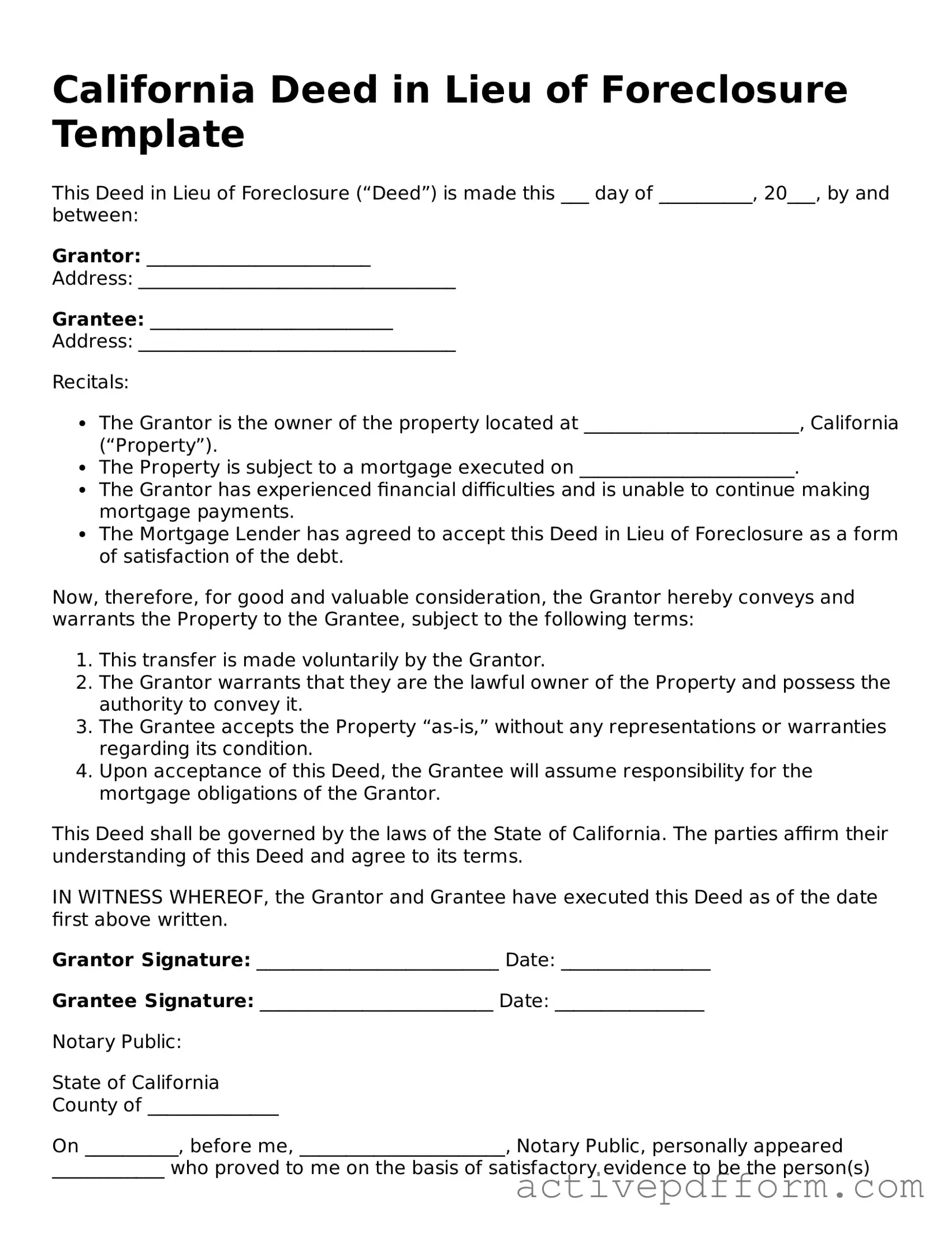Blank California Deed in Lieu of Foreclosure Document