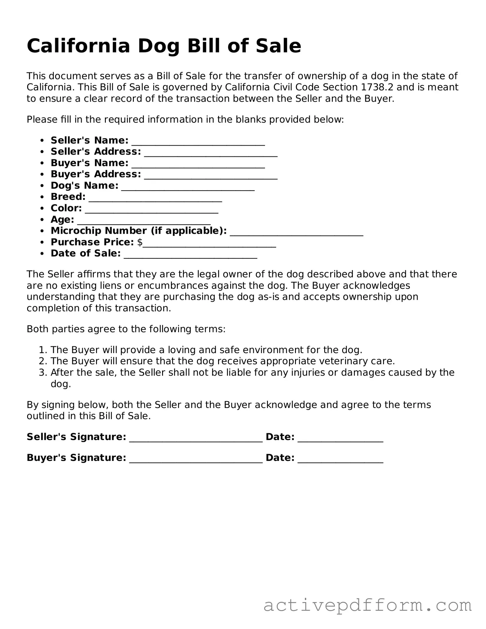 Blank California Dog Bill of Sale Document