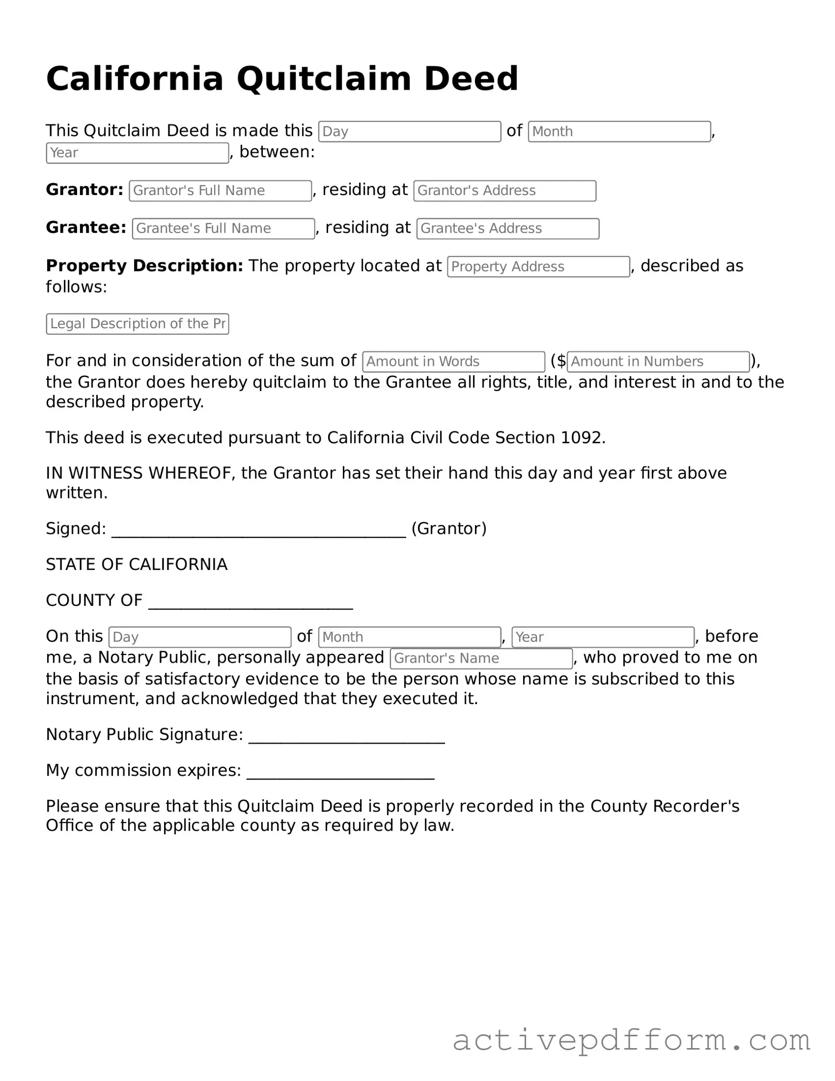 Blank California Quitclaim Deed Document