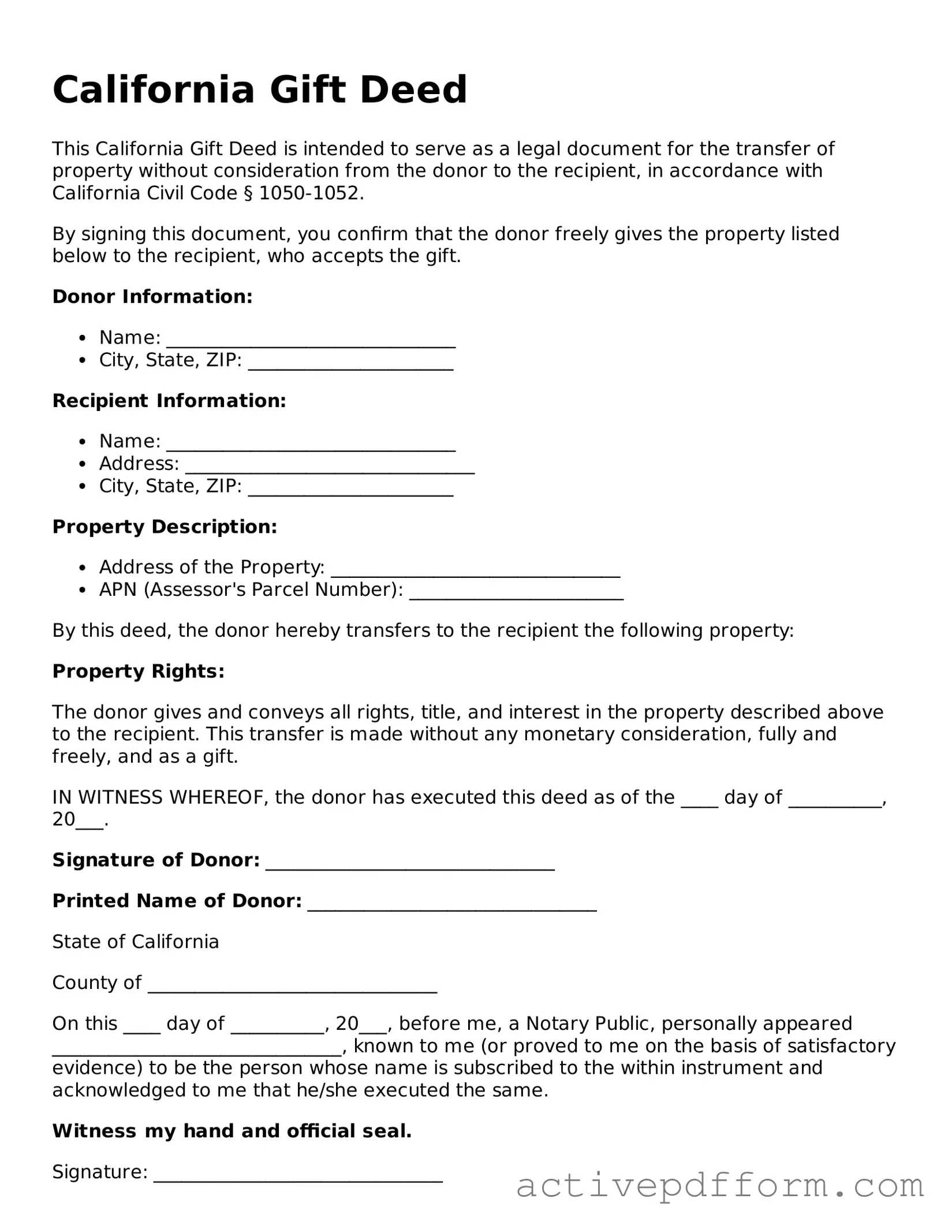 Blank California Gift Deed Document