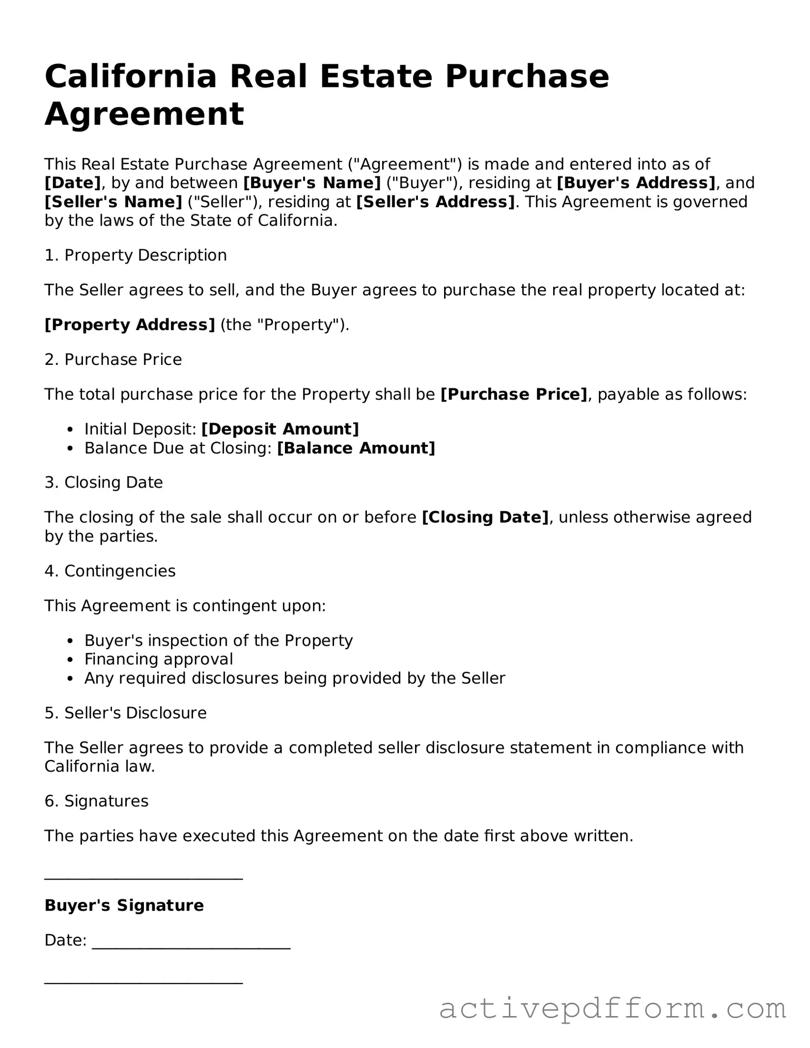 Blank California Real Estate Purchase Agreement Document