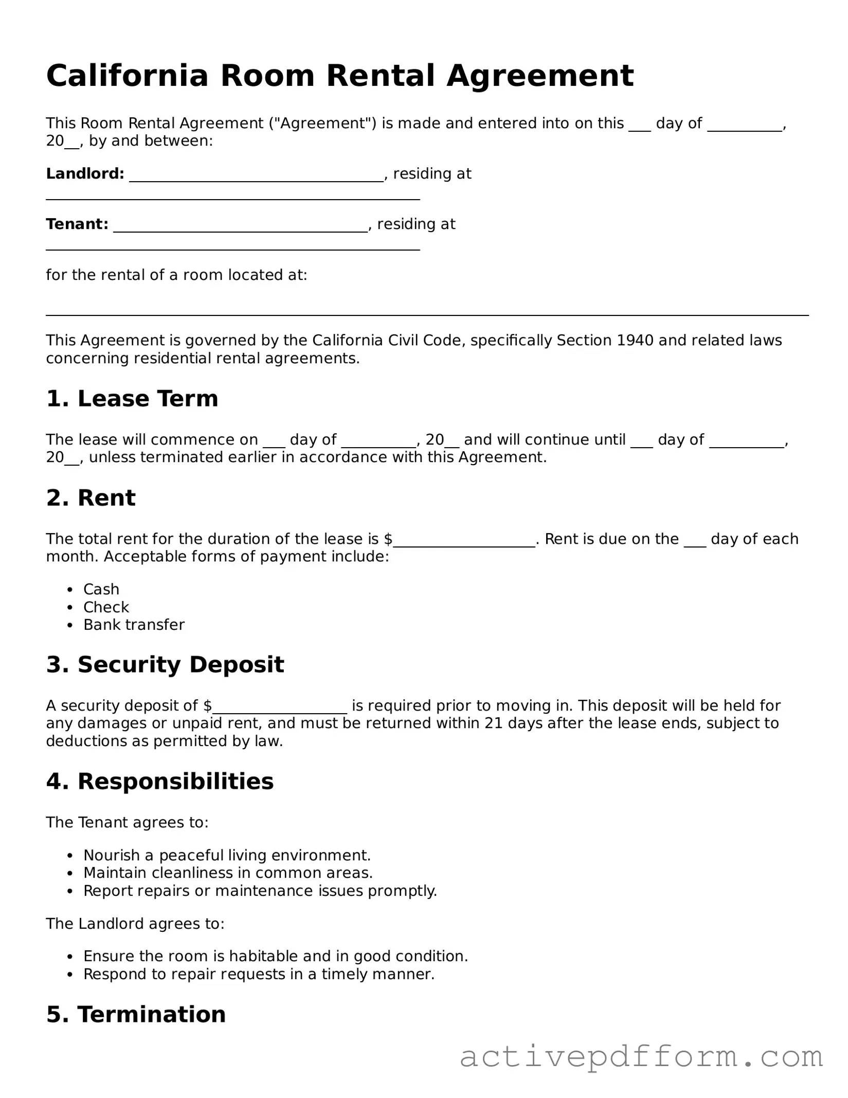 Blank California Room Rental Agreement Document