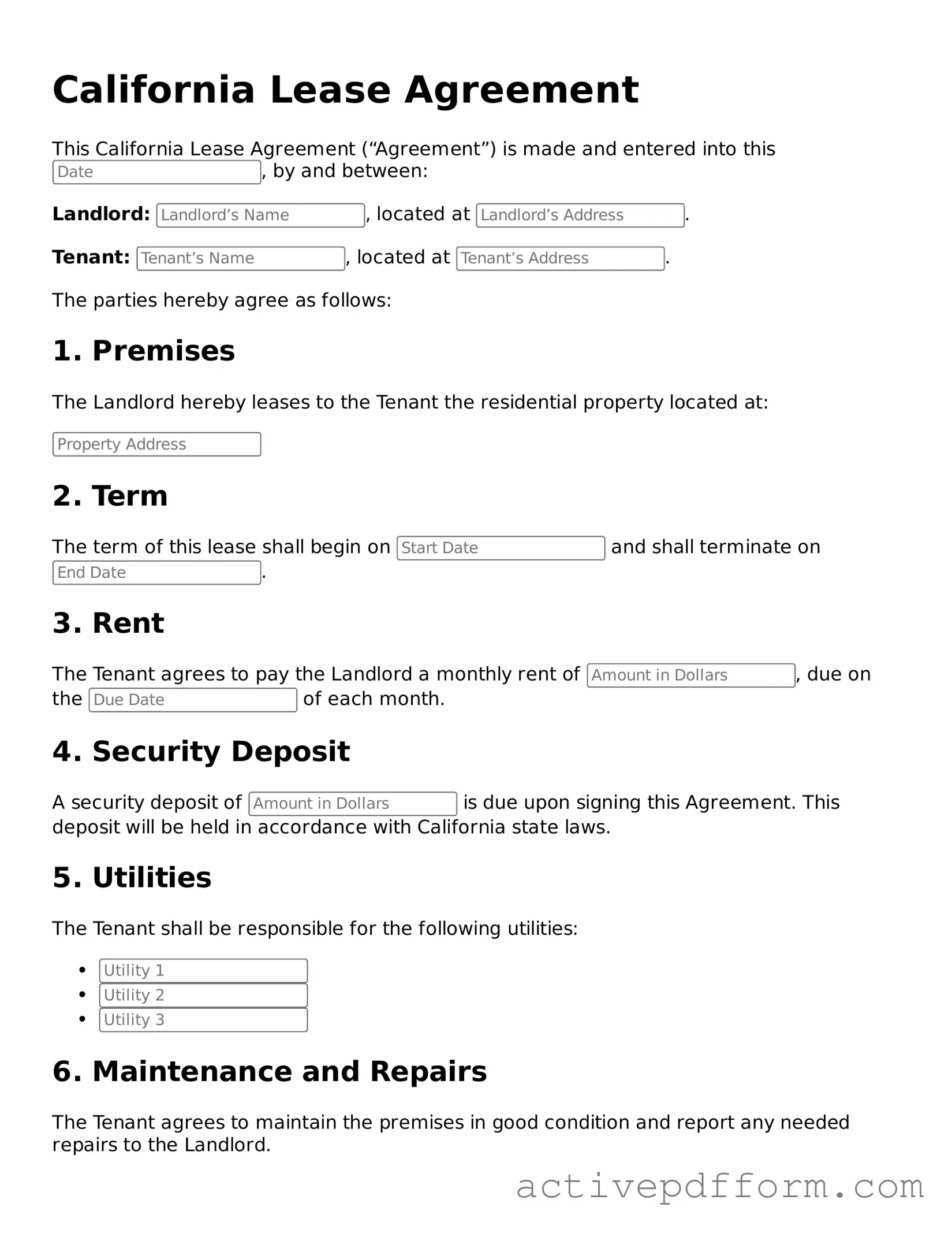 Blank California Lease Agreement Document