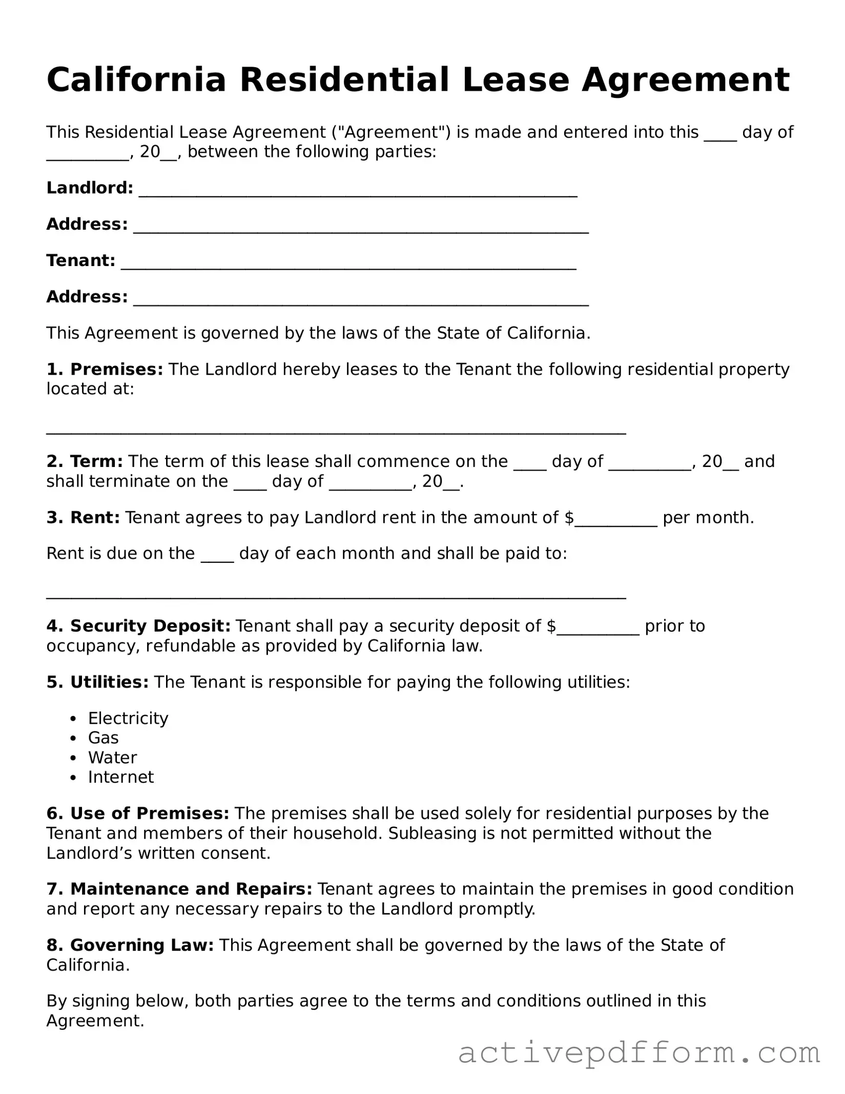 Blank California Residential Lease Agreement Document