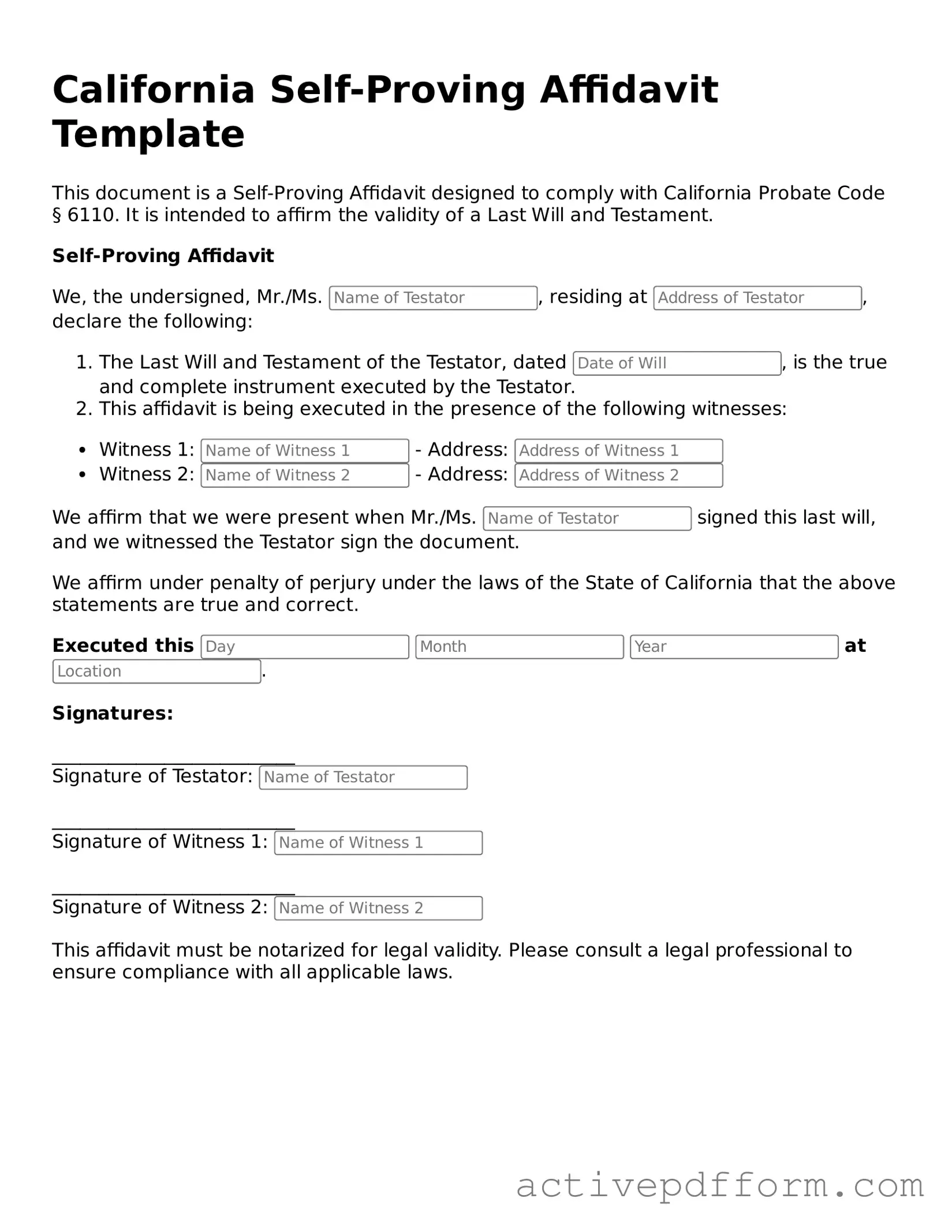 Blank California Self-Proving Affidavit Document