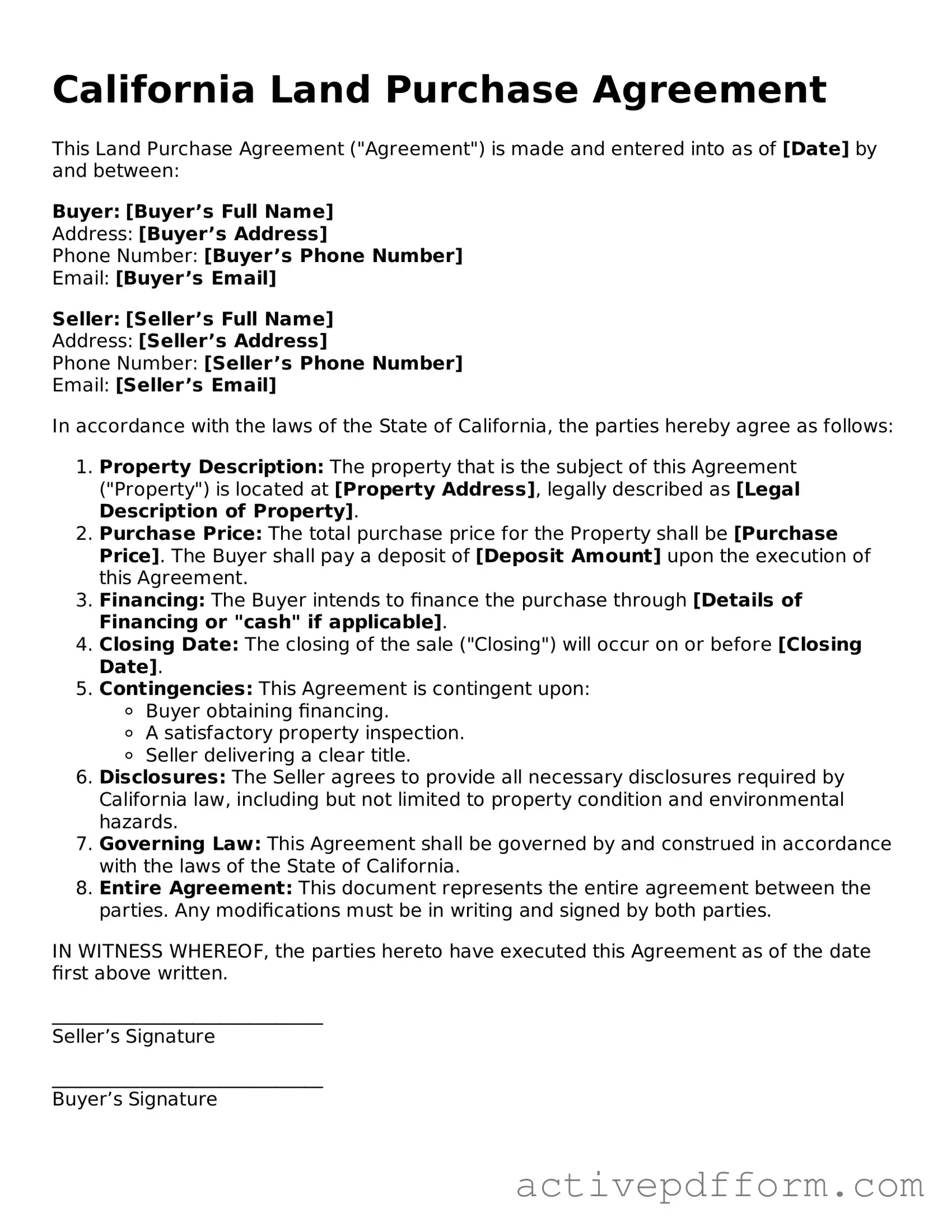 Blank California Land Purchase Agreement Document