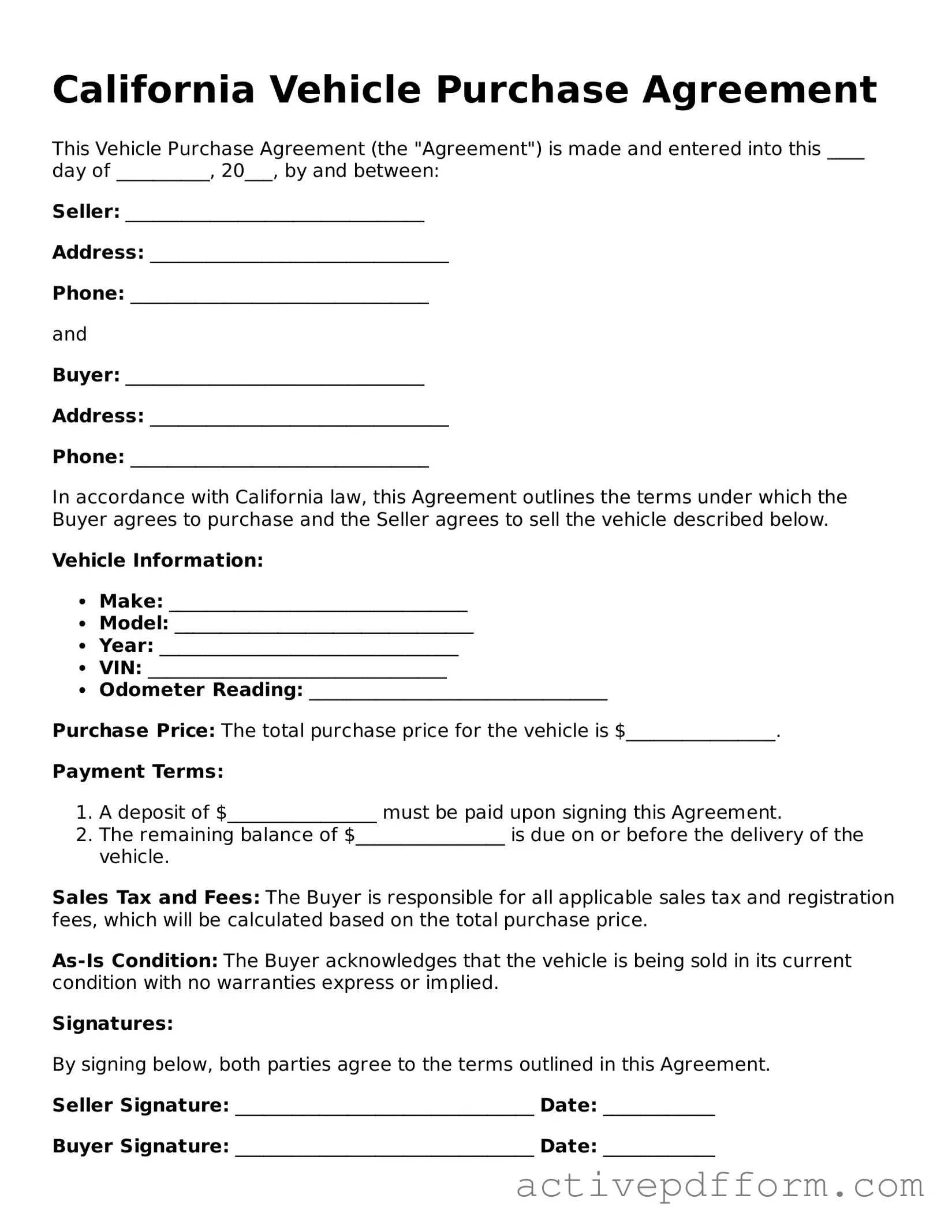 Blank California Vehicle Purchase Agreement Document