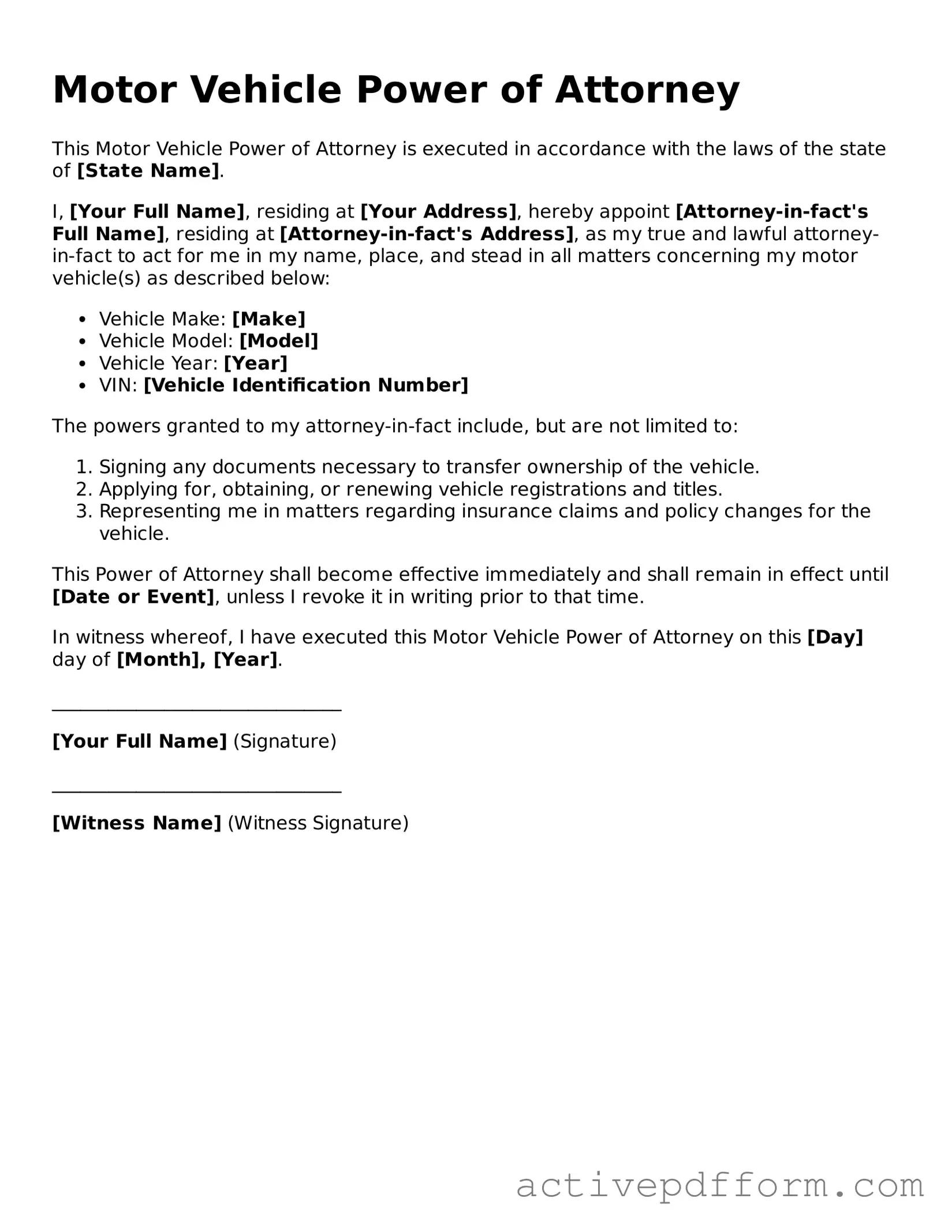 Blank Motor Vehicle Power of Attorney Document