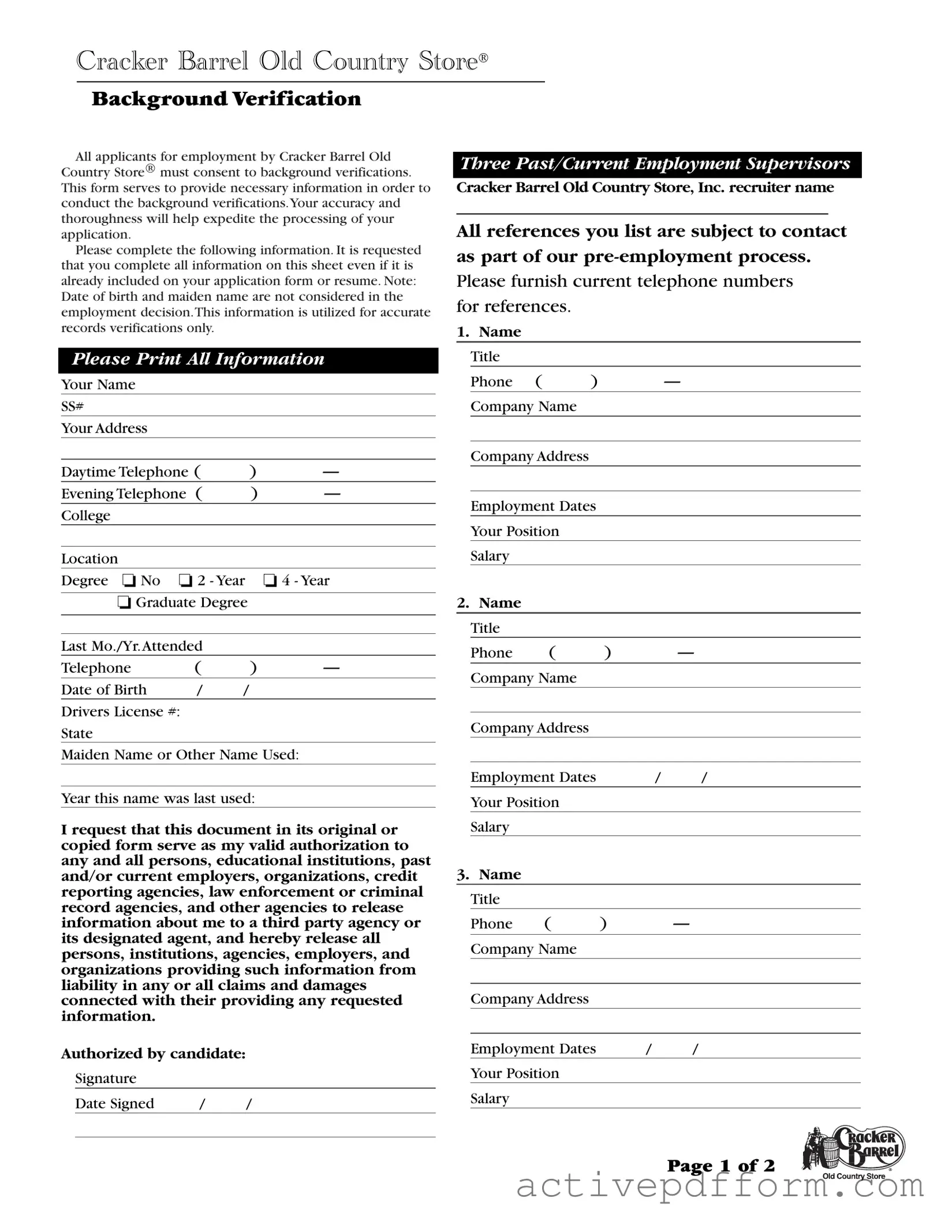 Free Cracker Barrel Background Check Template