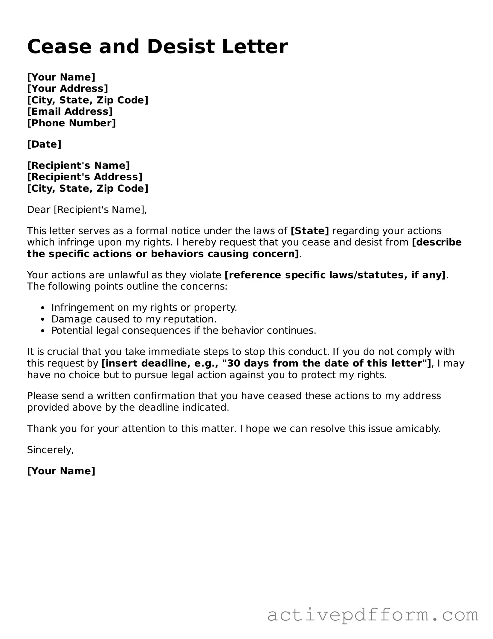 Blank Cease and Desist Letter Document
