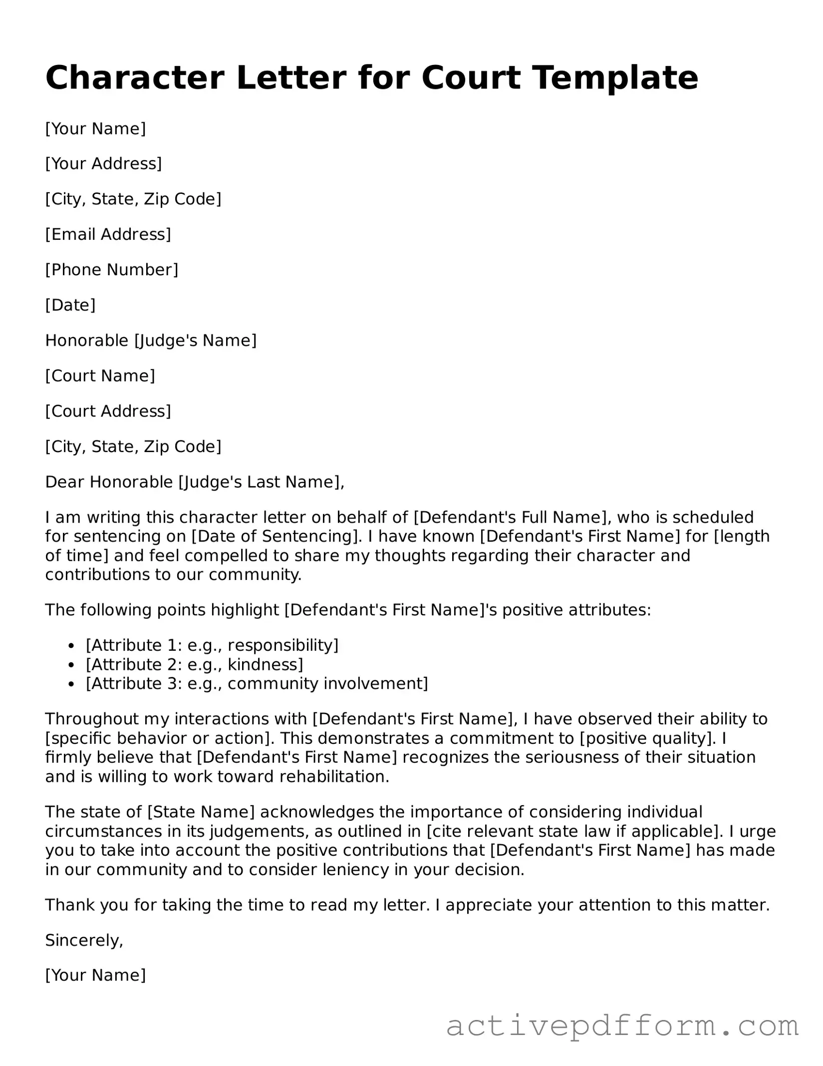 Blank Character Letter for Court Document