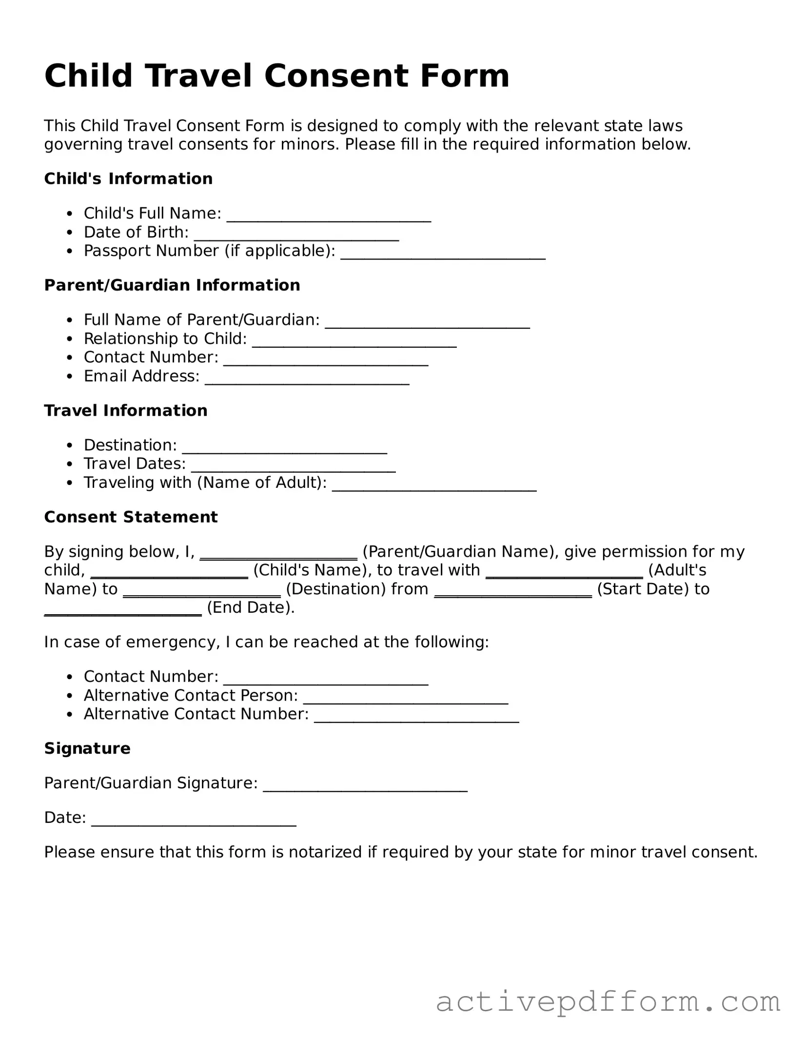 Blank Child Travel Consent Form Document