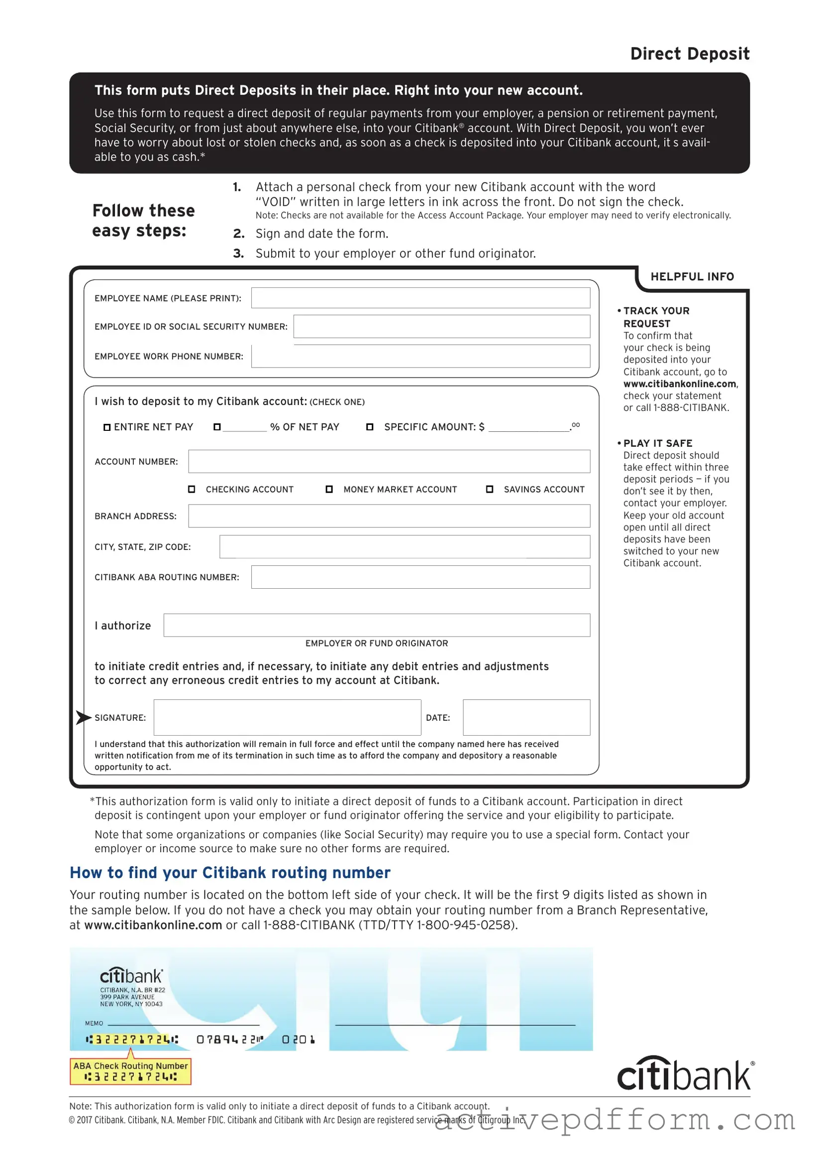 Free Citibank Direct Deposit Template