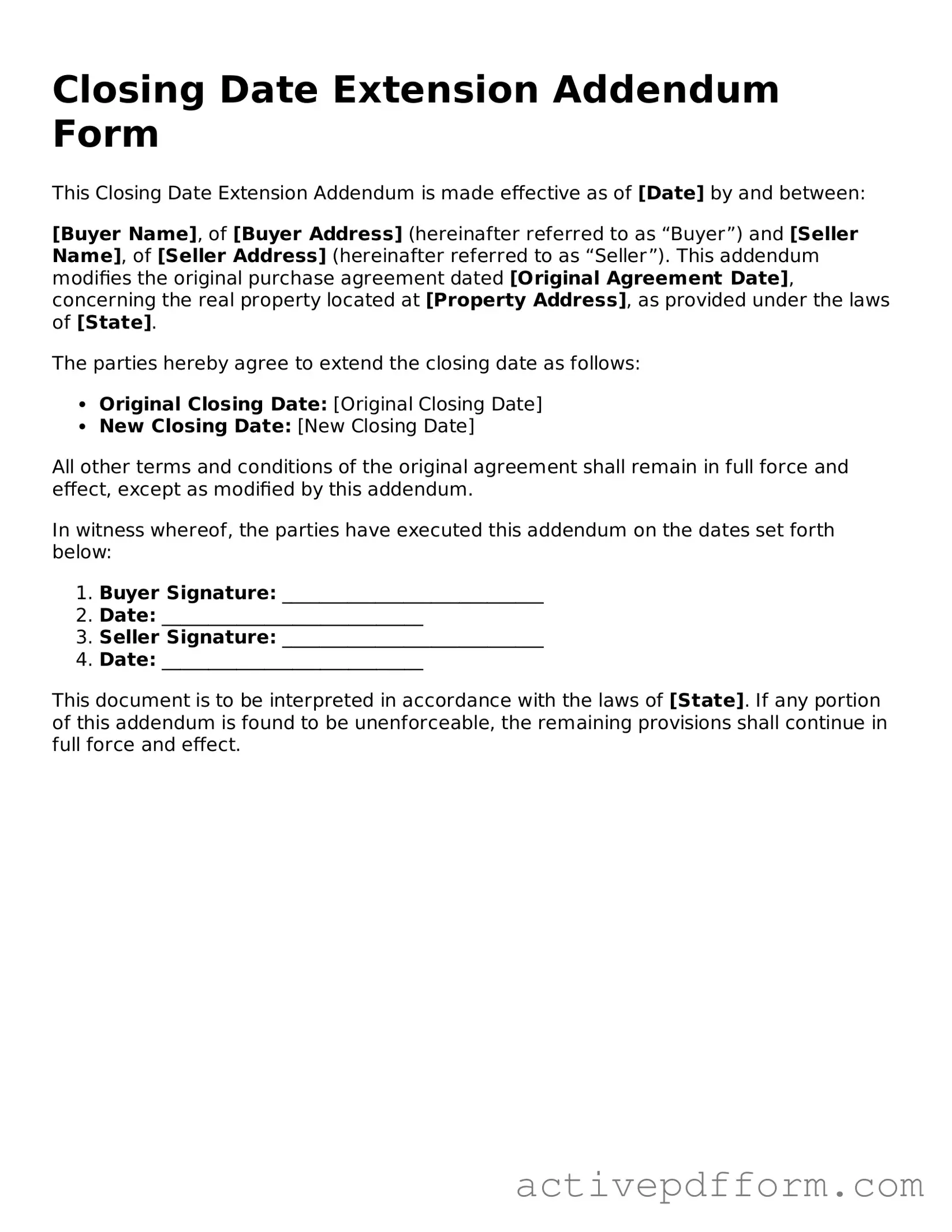 Blank Closing Date Extension Addendum Form Document