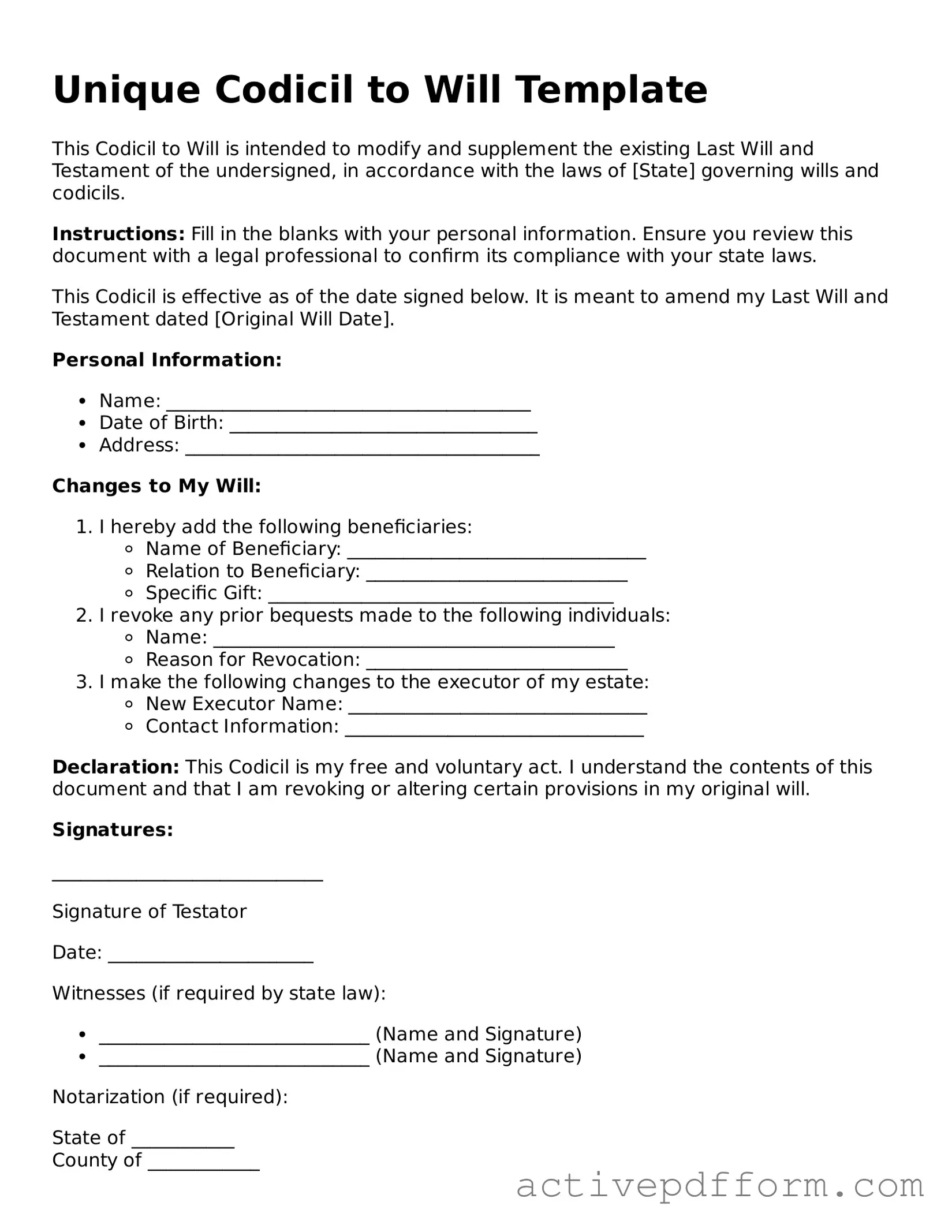 Blank Codicil to Will Document
