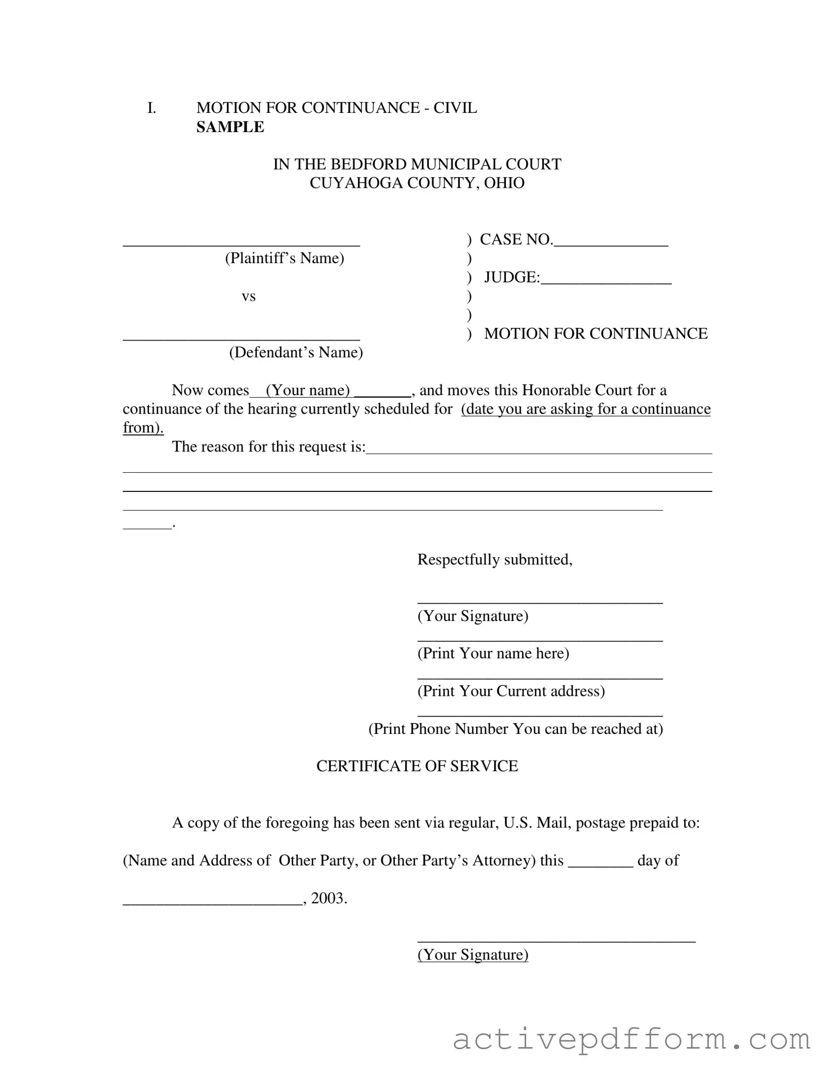 Free Motion For Continuance Template