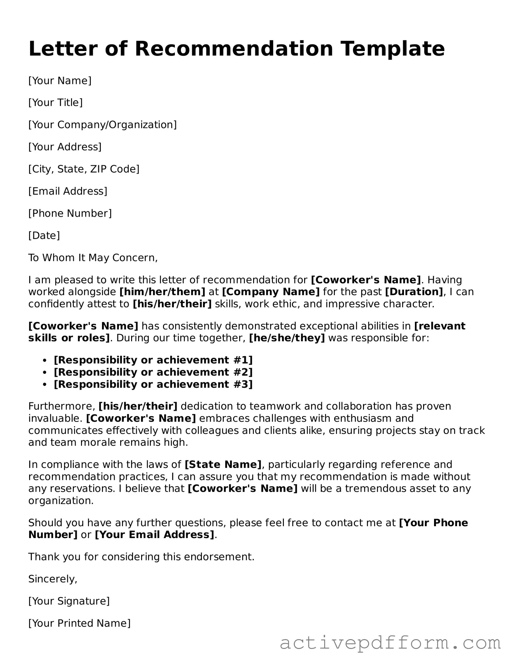Blank Letter of Recommendation for Coworker Document