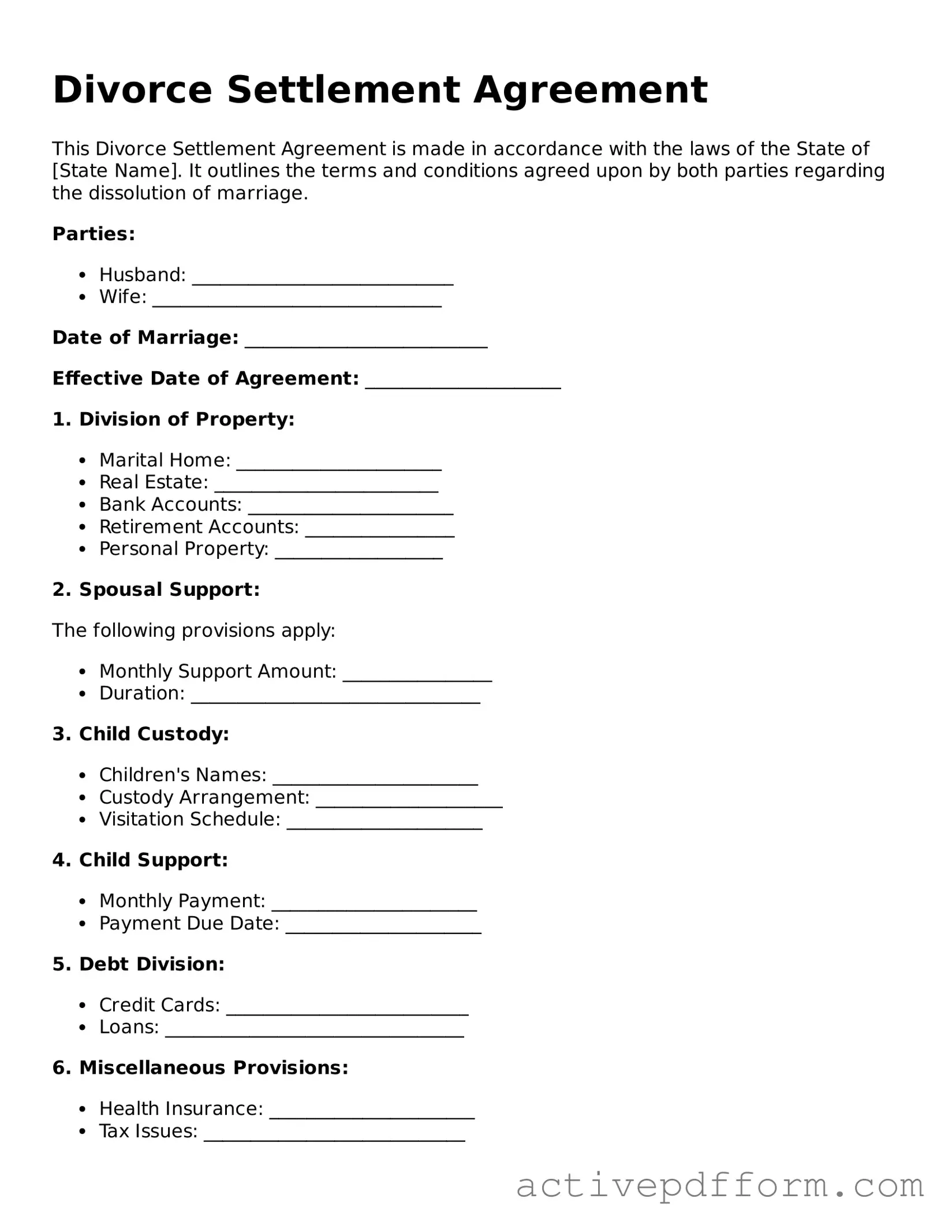 Blank Divorce Settlement Agreement Document