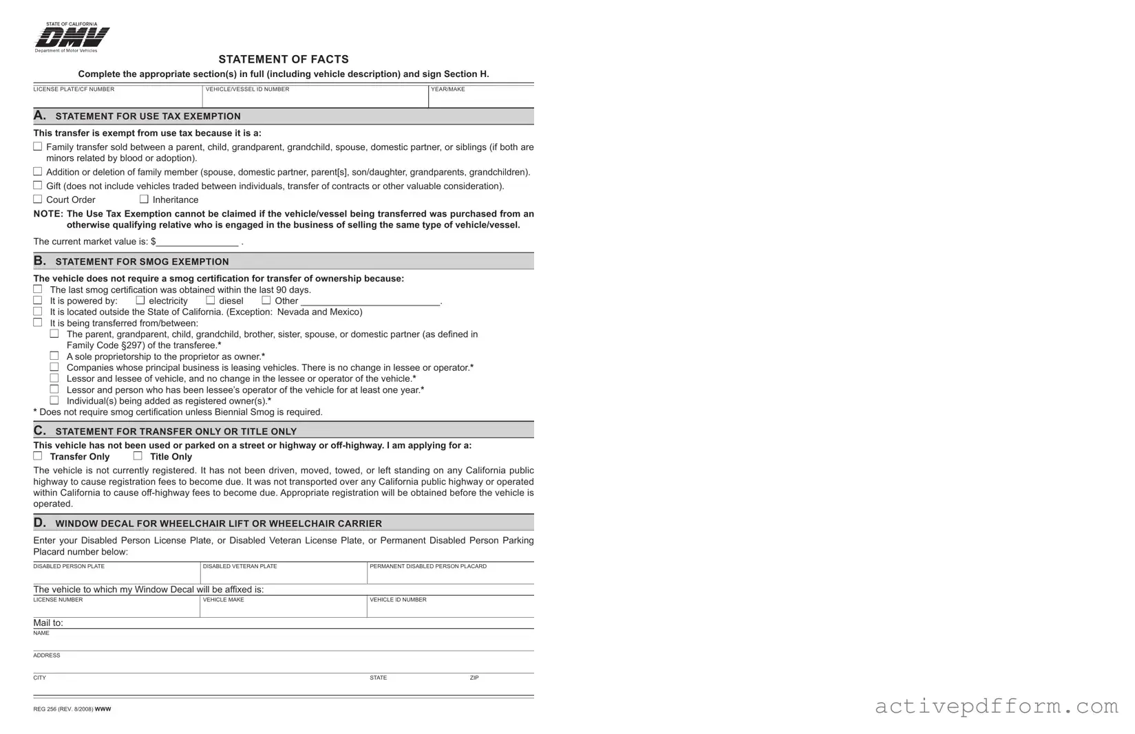 Free Dmv Reg 256 Template