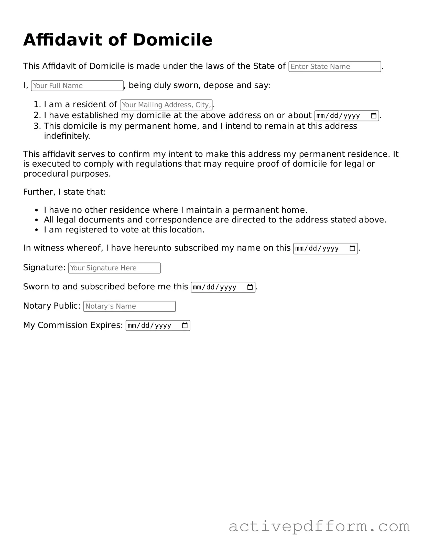 Blank Affidavit of Domicile Document