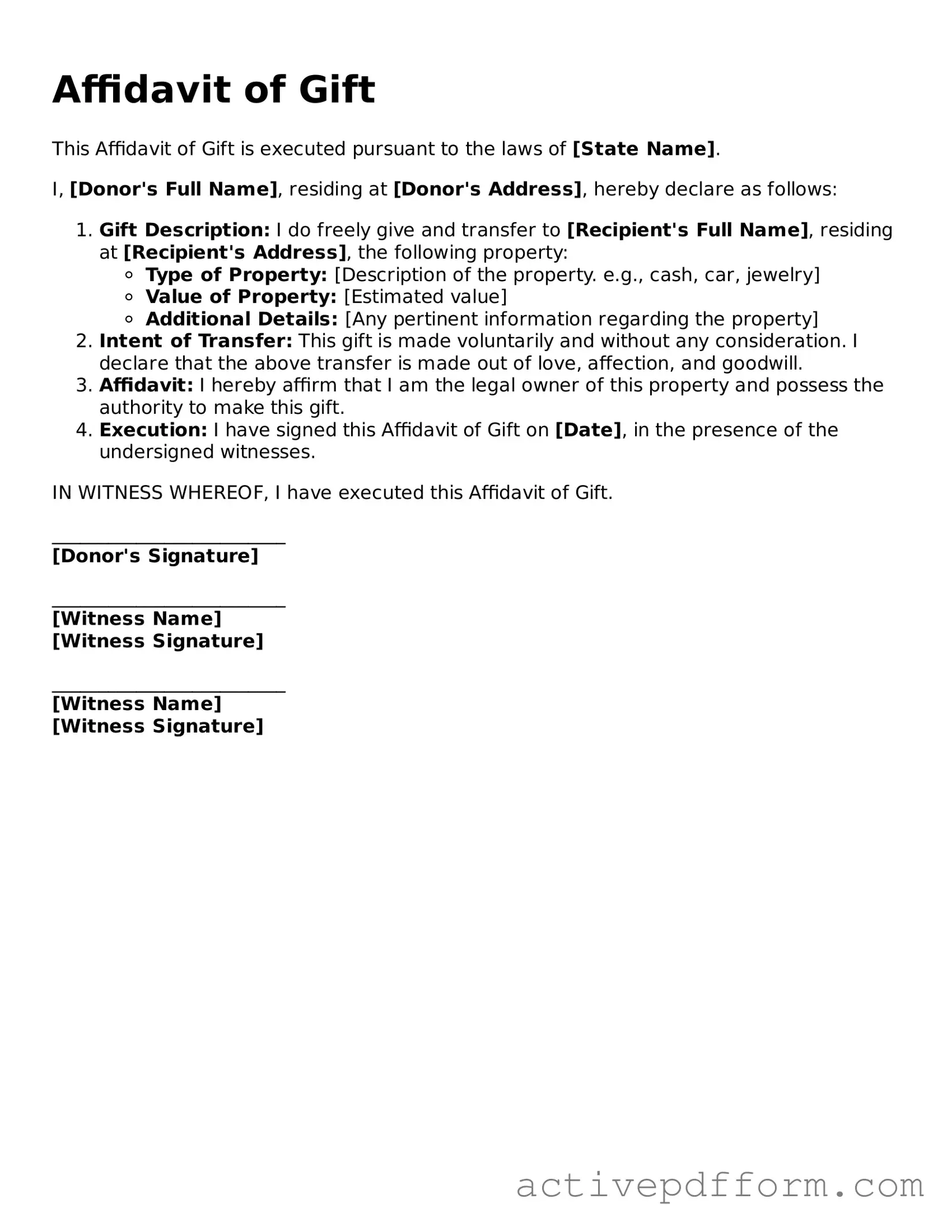 Blank Affidavit of Gift Document