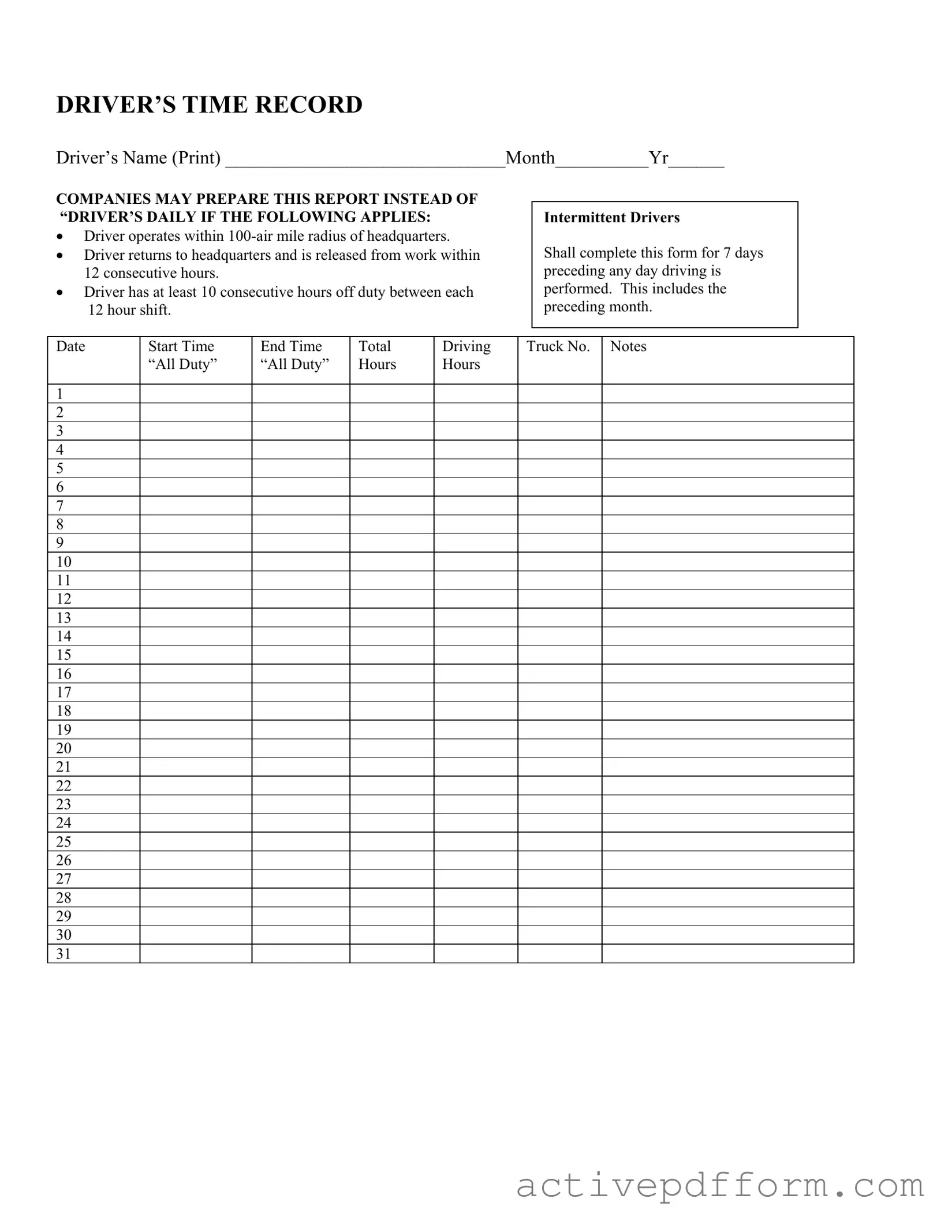 Free Driver Time Record Template