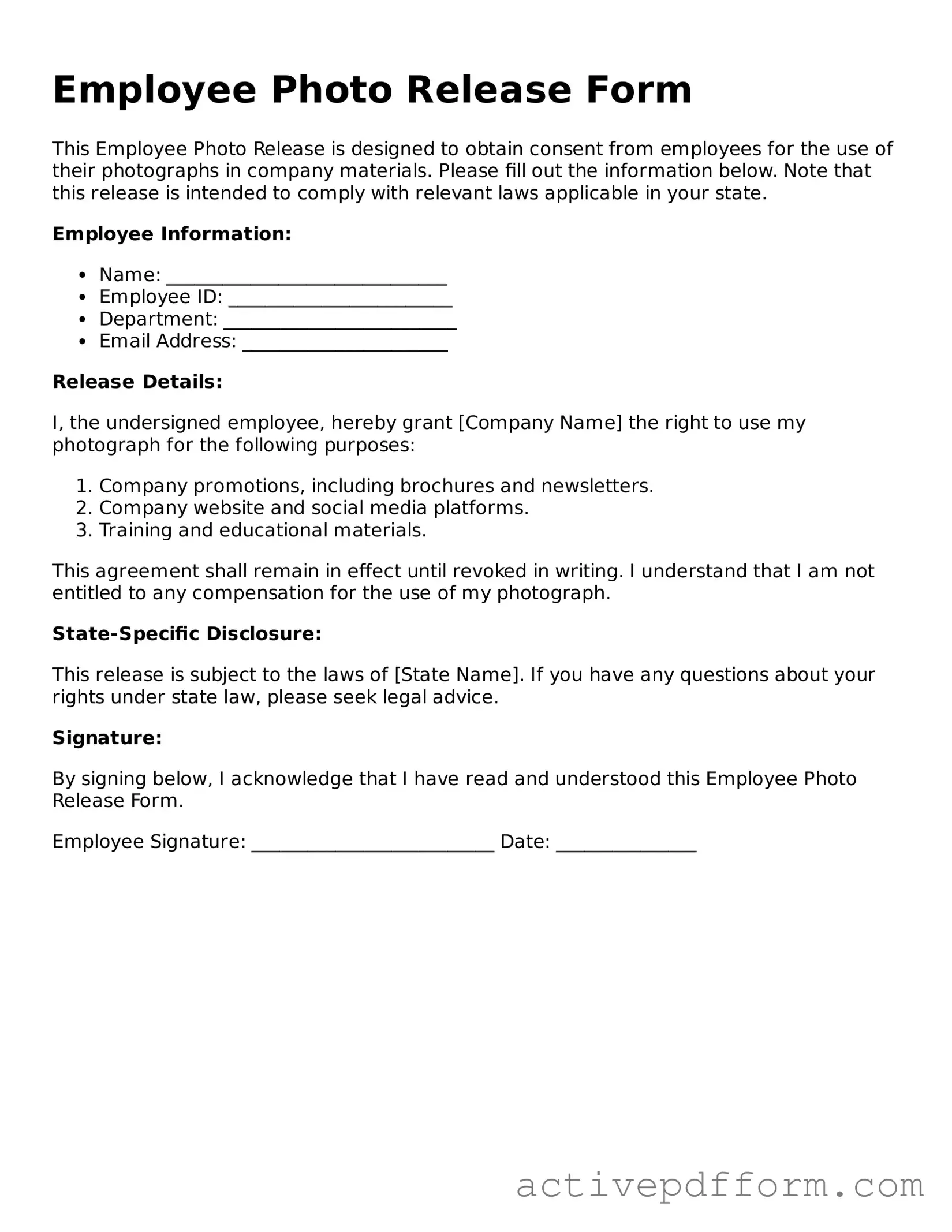 Blank Employee Photo Release Document