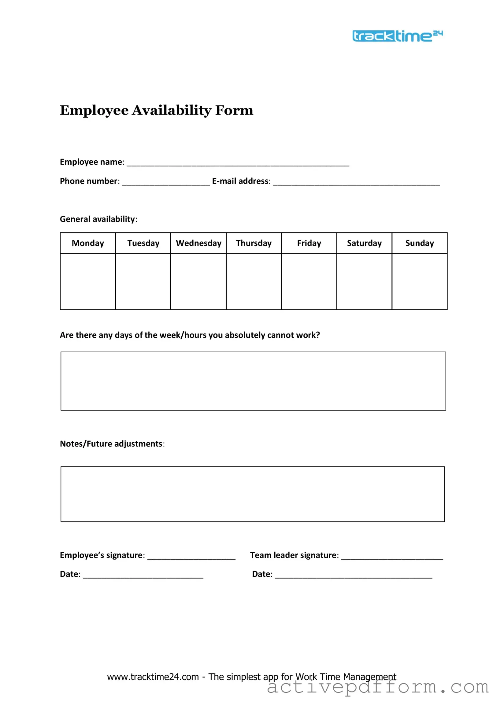 Free Employee Availability Template