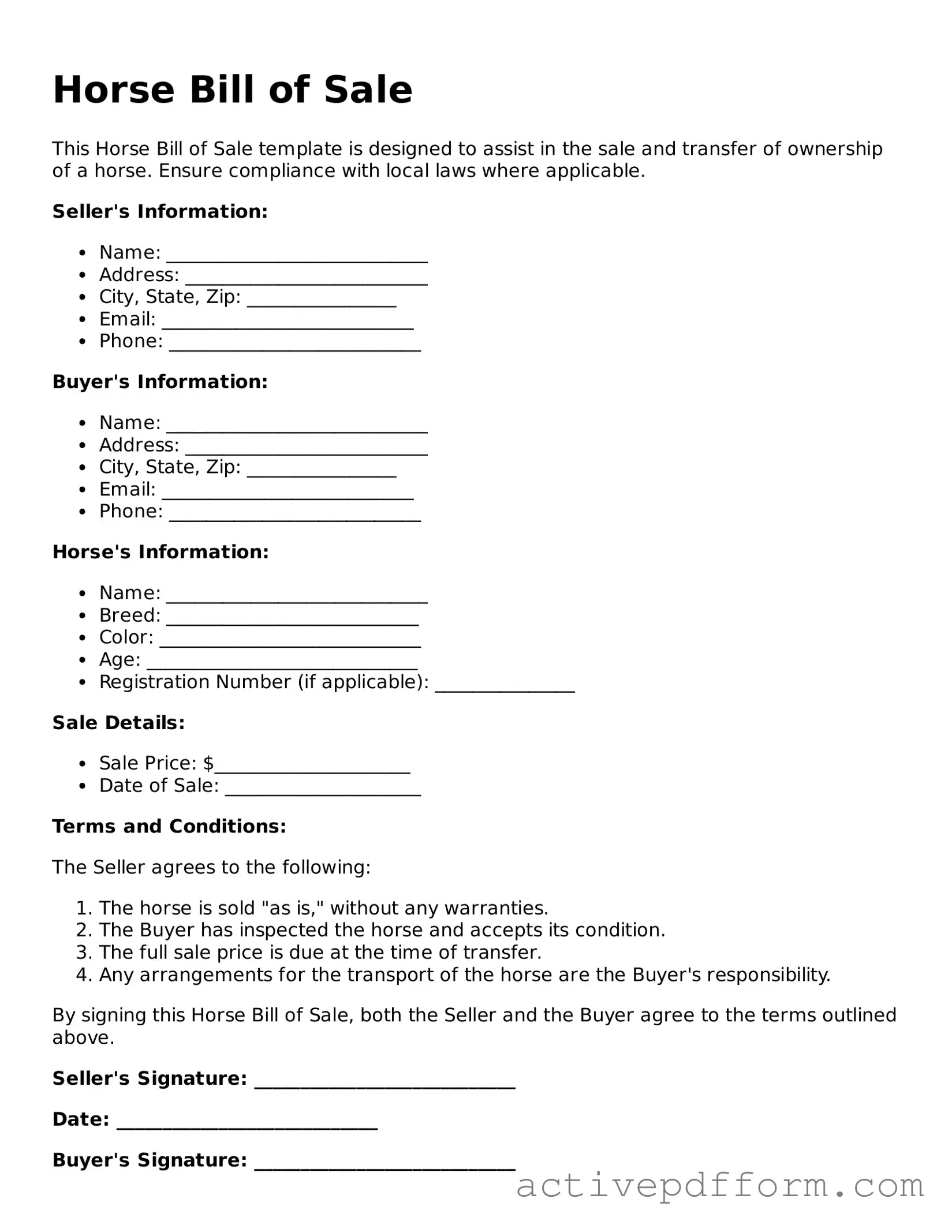 Blank Horse Bill of Sale Document