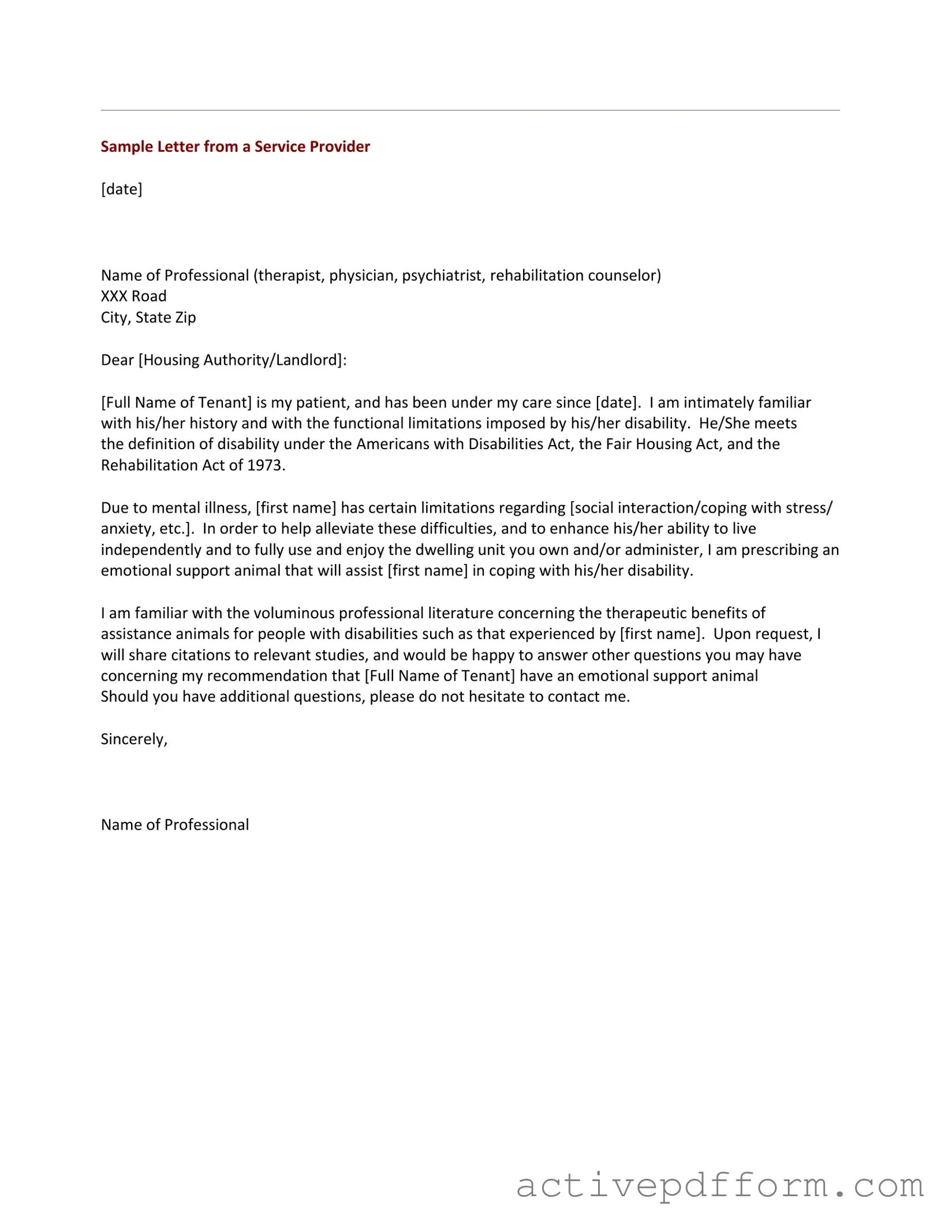 Free Emotional Support Animal Letter Template
