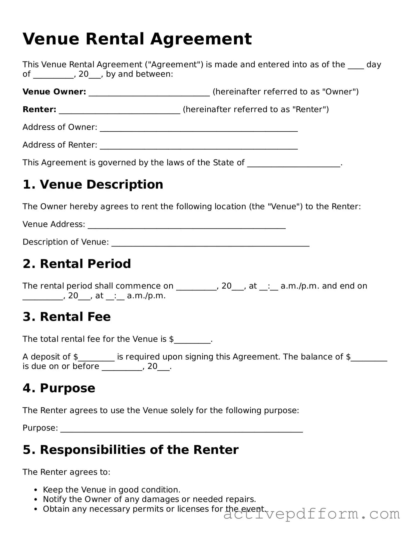 Blank Venue Rental Agreement Document
