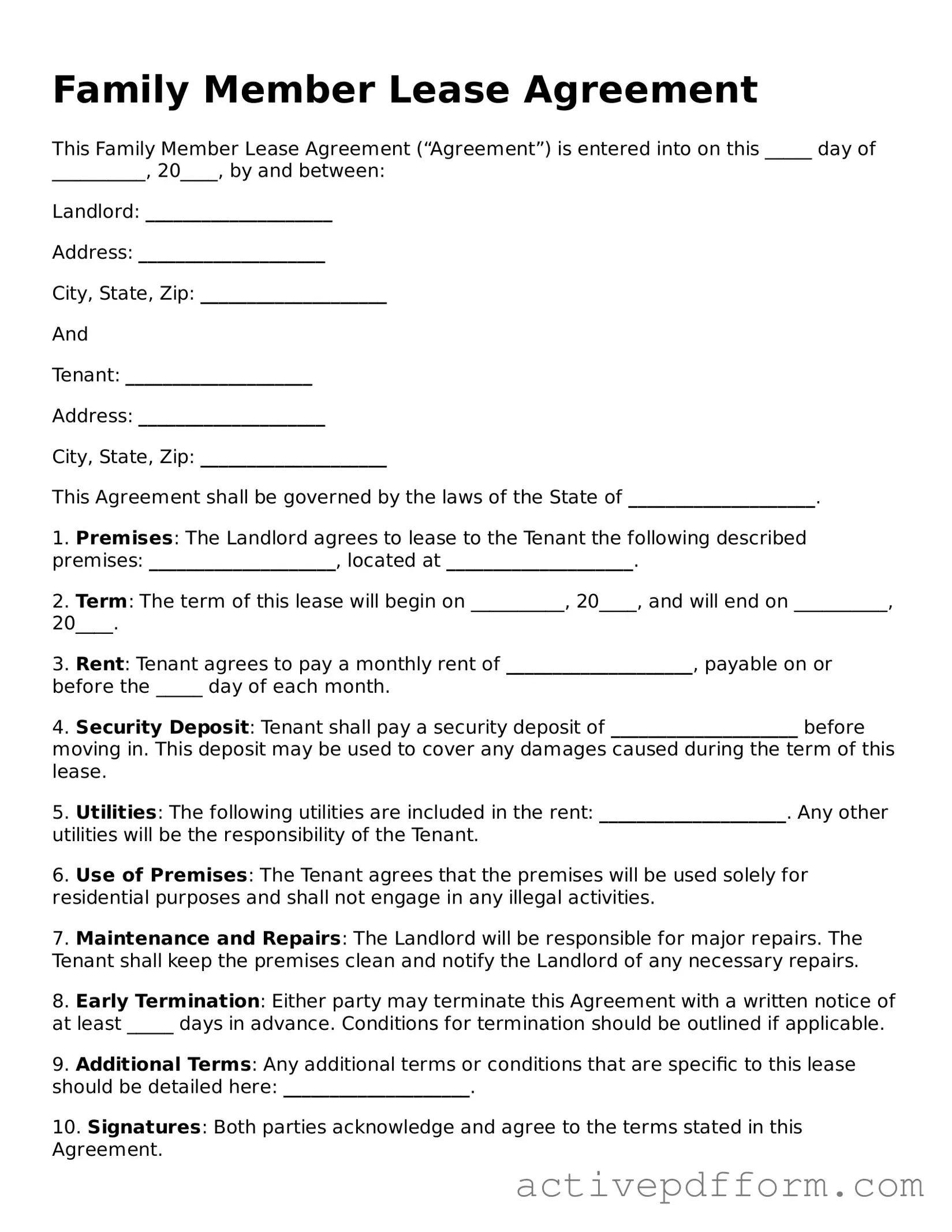 Blank Family Member Lease Agreement Document