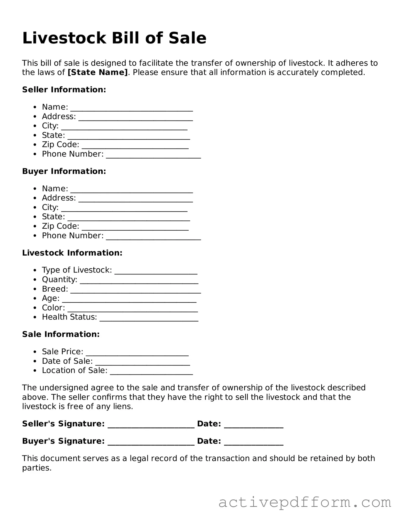 Blank Livestock Bill of Sale Document