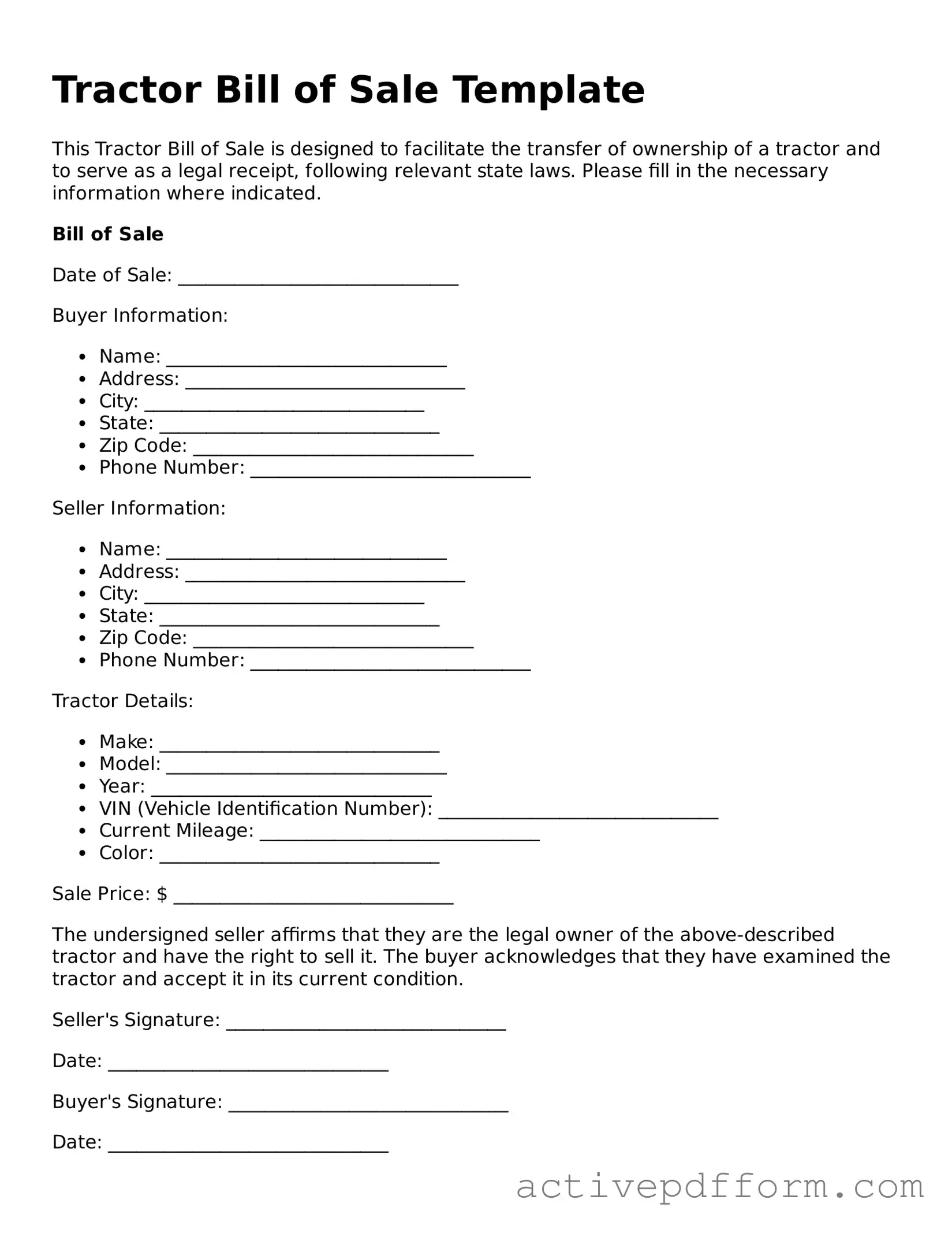 Blank Tractor Bill of Sale Document