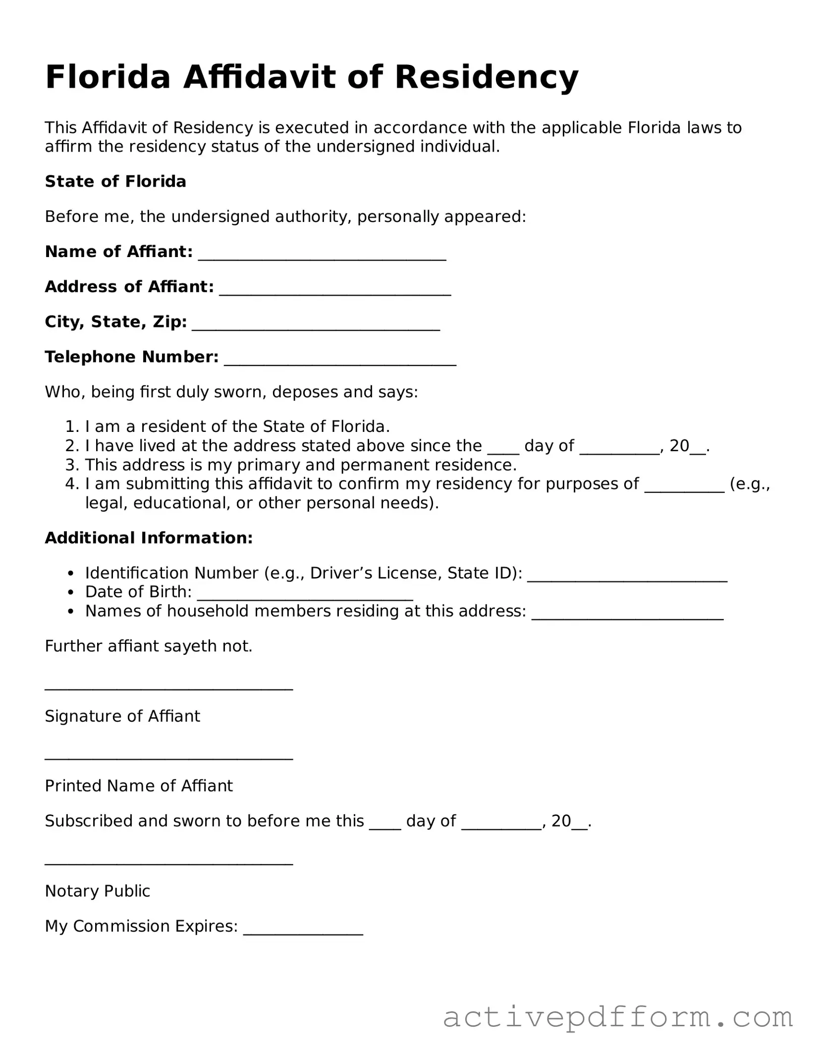 Blank Florida Affidavit of Residency Document