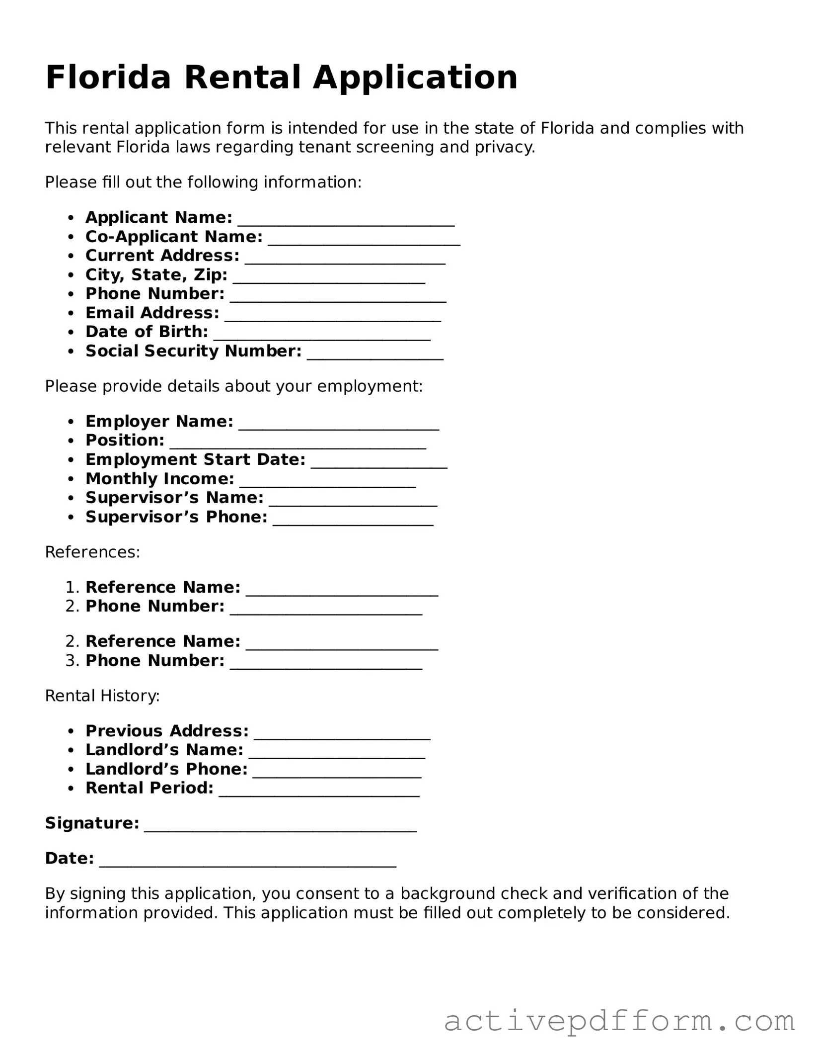 Blank Florida Rental Application Document
