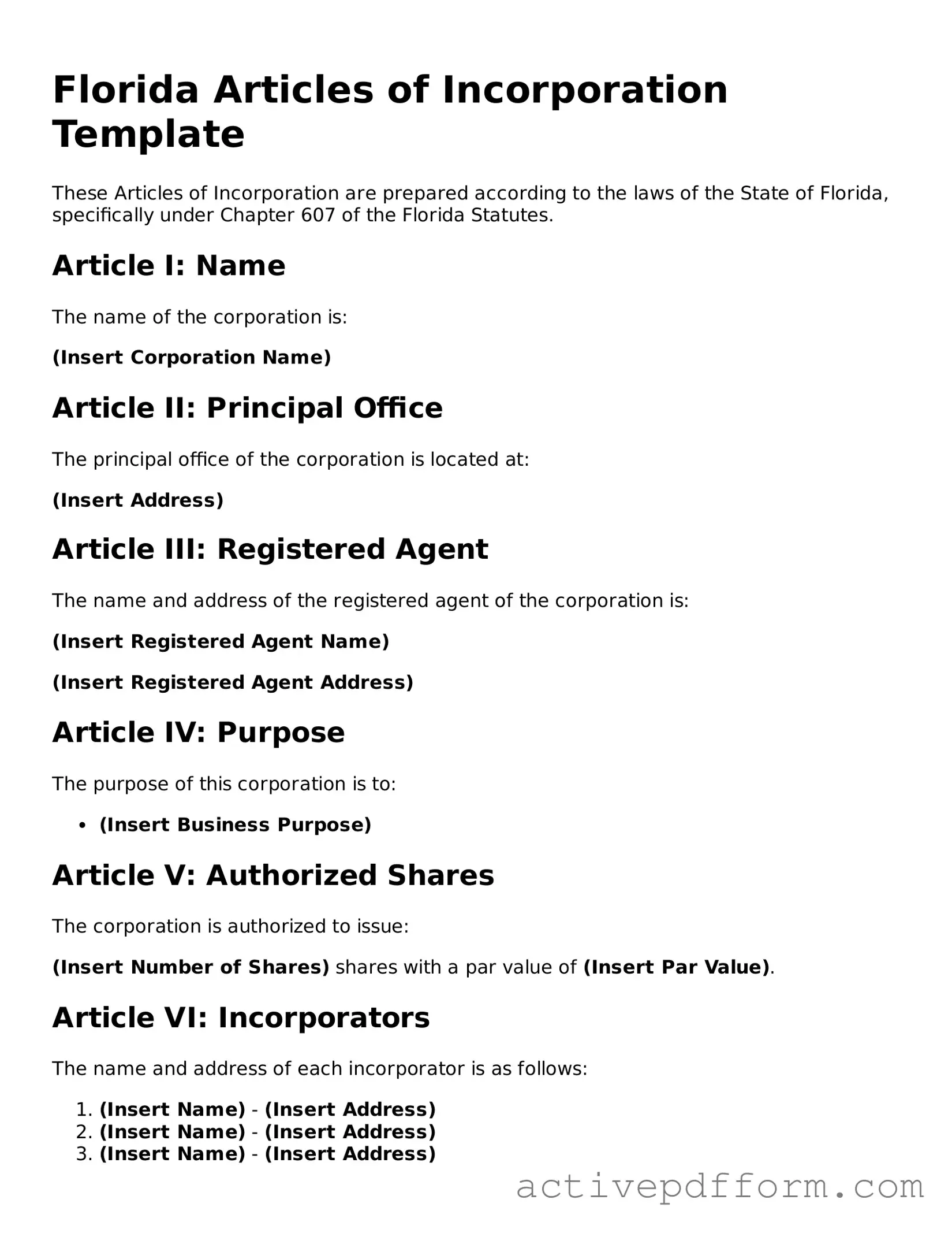 Blank Florida Articles of Incorporation Document