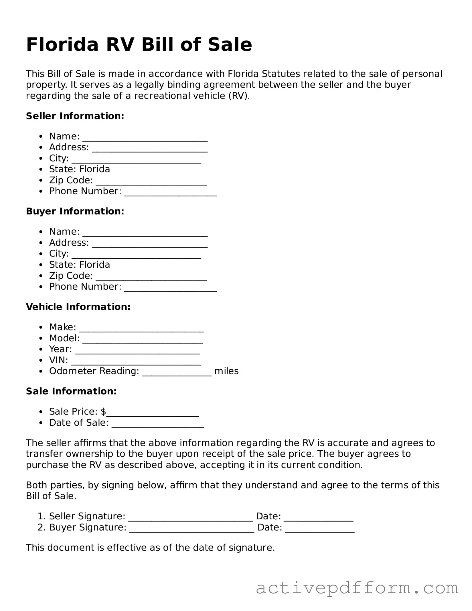Blank Florida RV Bill of Sale Document