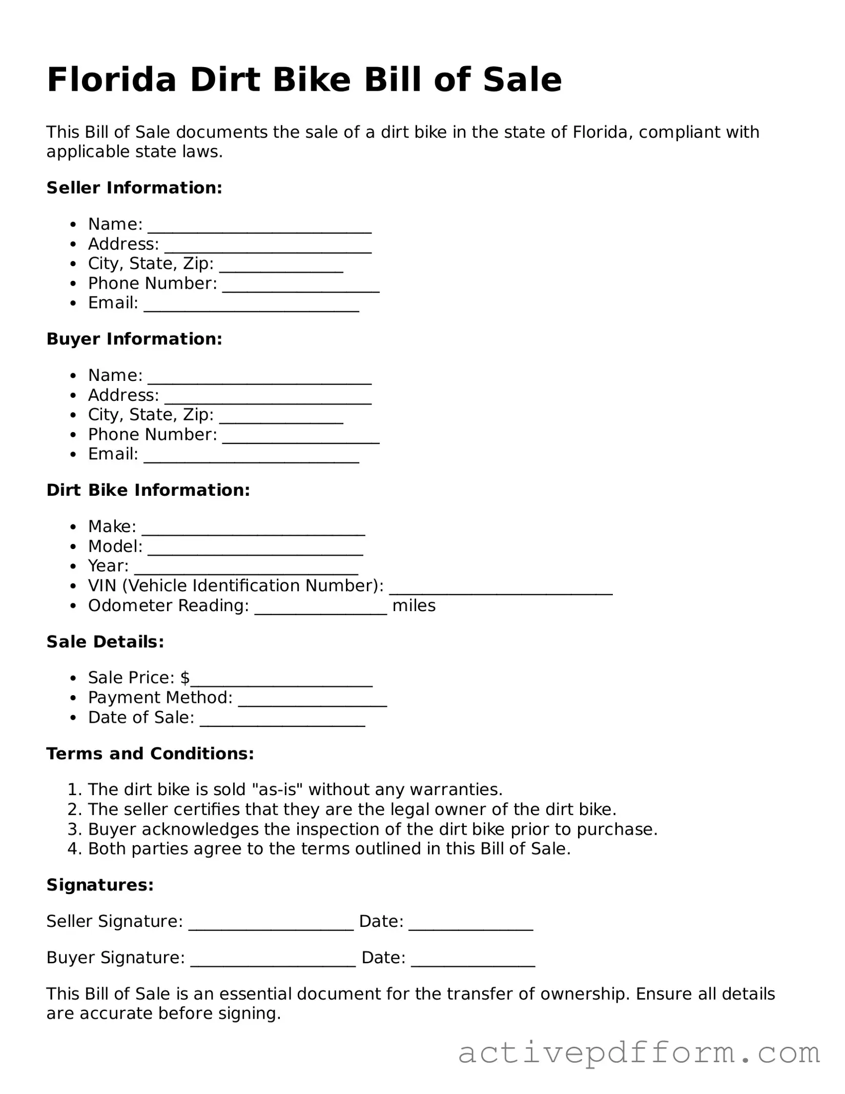 Blank Florida Dirt Bike Bill of Sale Document
