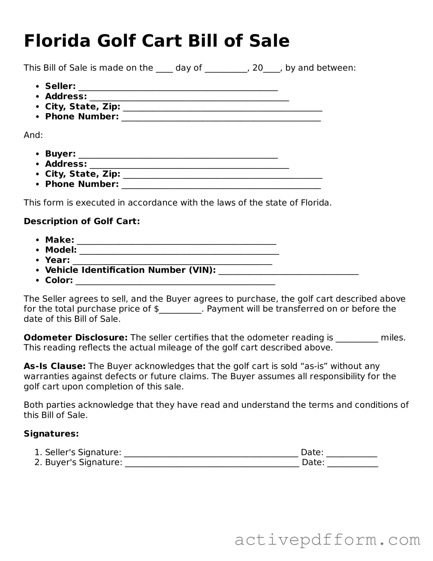 Blank Florida Golf Cart Bill of Sale Document